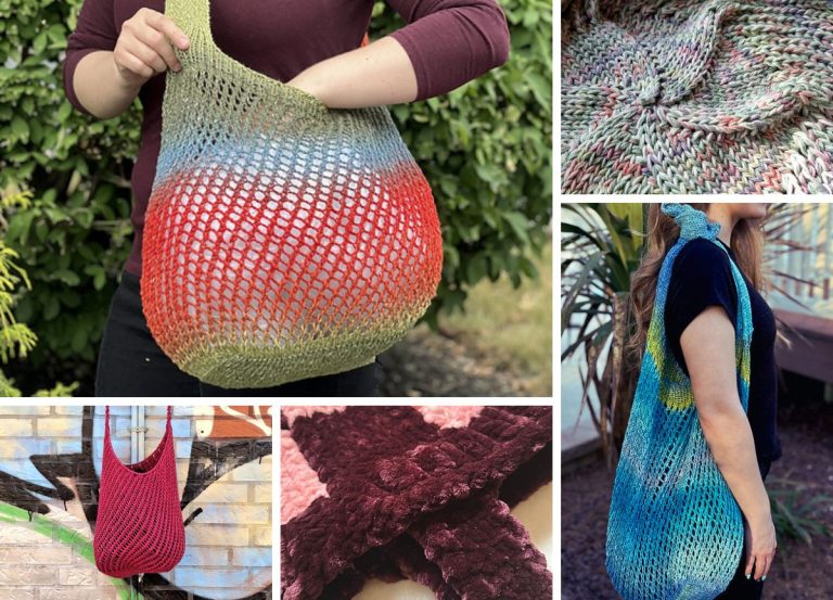 A collage of five images featuring knit bags, and a woman wearing a blue-green sleeveless garment, showcasing stylish knitted bags.
