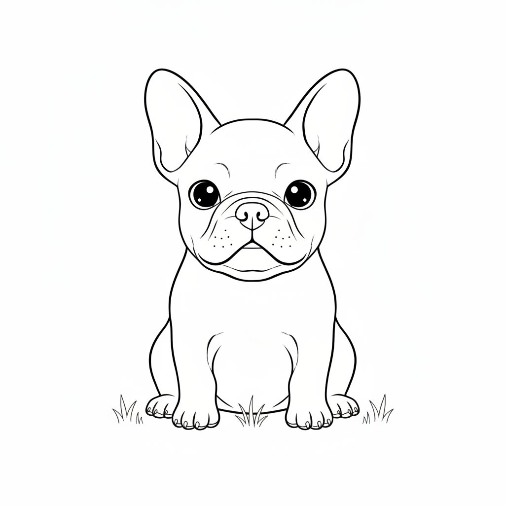 Line drawing of a French Bulldog sitting on grass, facing forward, with large ears and expressive eyes — perfect for kids and adults as free printable dog coloring pages.
