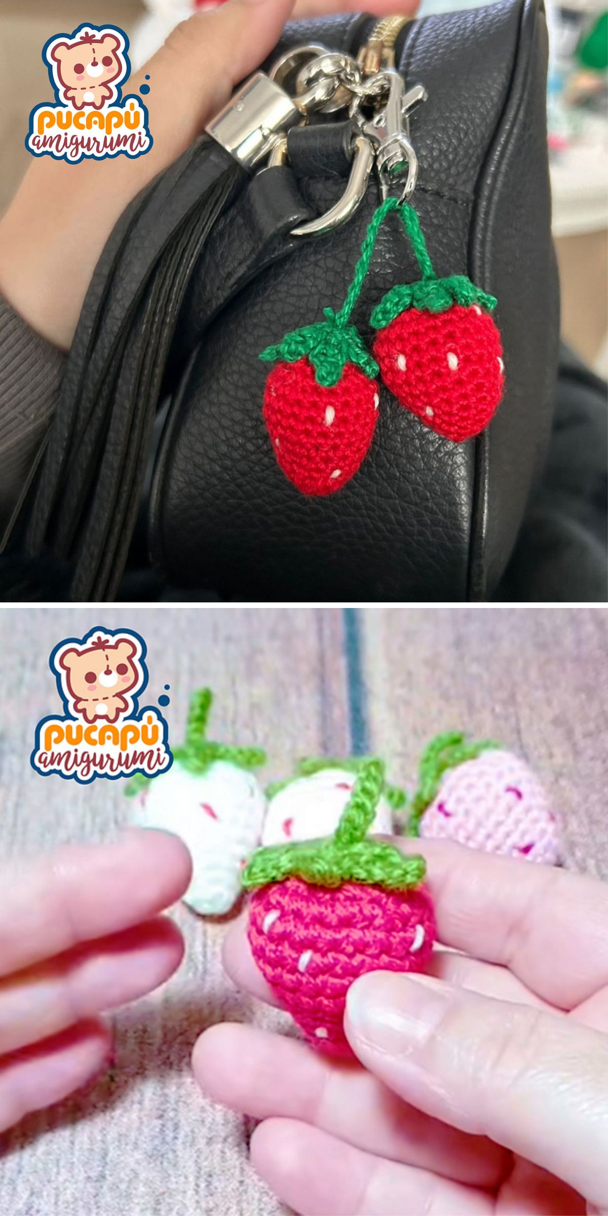 Two images show crochet strawberry keychains: one attached to a black bag, the other held in a person's hand with more crochet strawberries in the background.