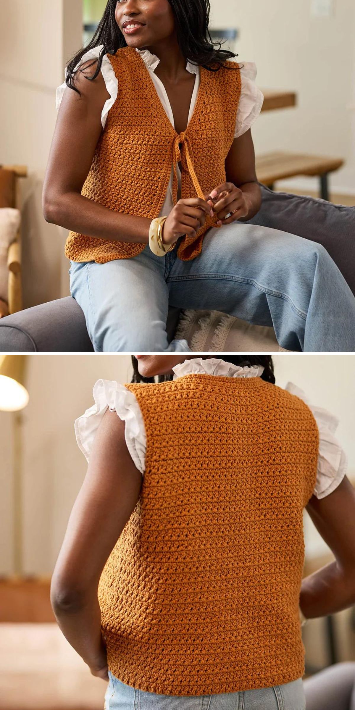 A person wearing a white ruffled blouse and an orange crochet vest sits on a couch; front and back views of the crochet vest are displayed.