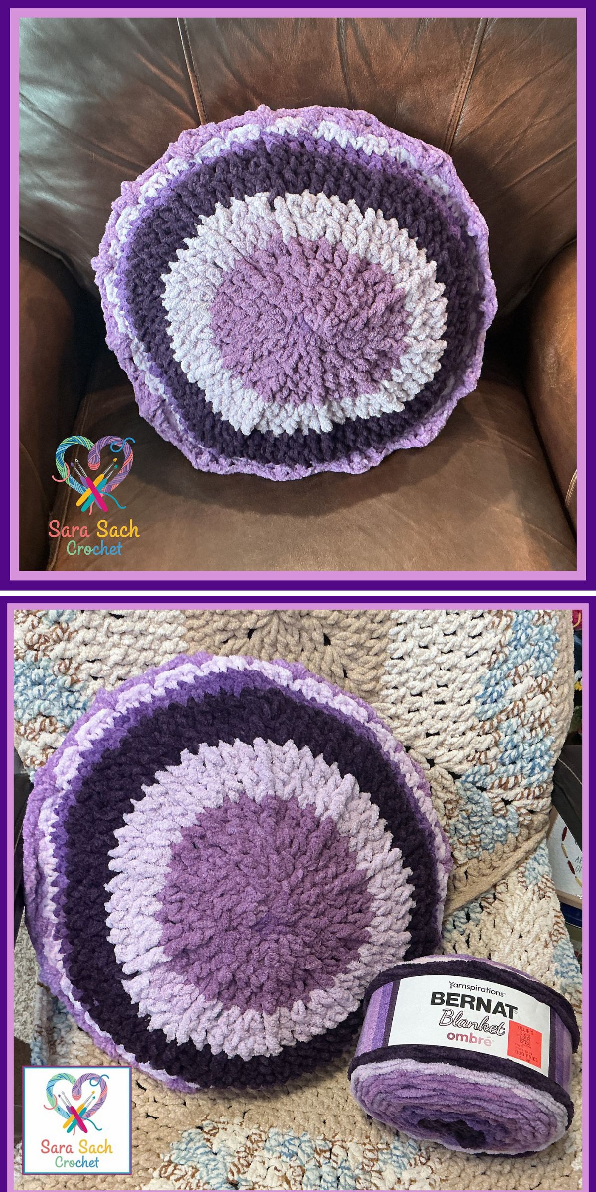 Round purple and lavender crochet pillow with concentric circles, shown on a brown chair and next to a skein of Bernat Blanket Ombre yarn — perfect for adding cozy crochet pillow charm to any space.