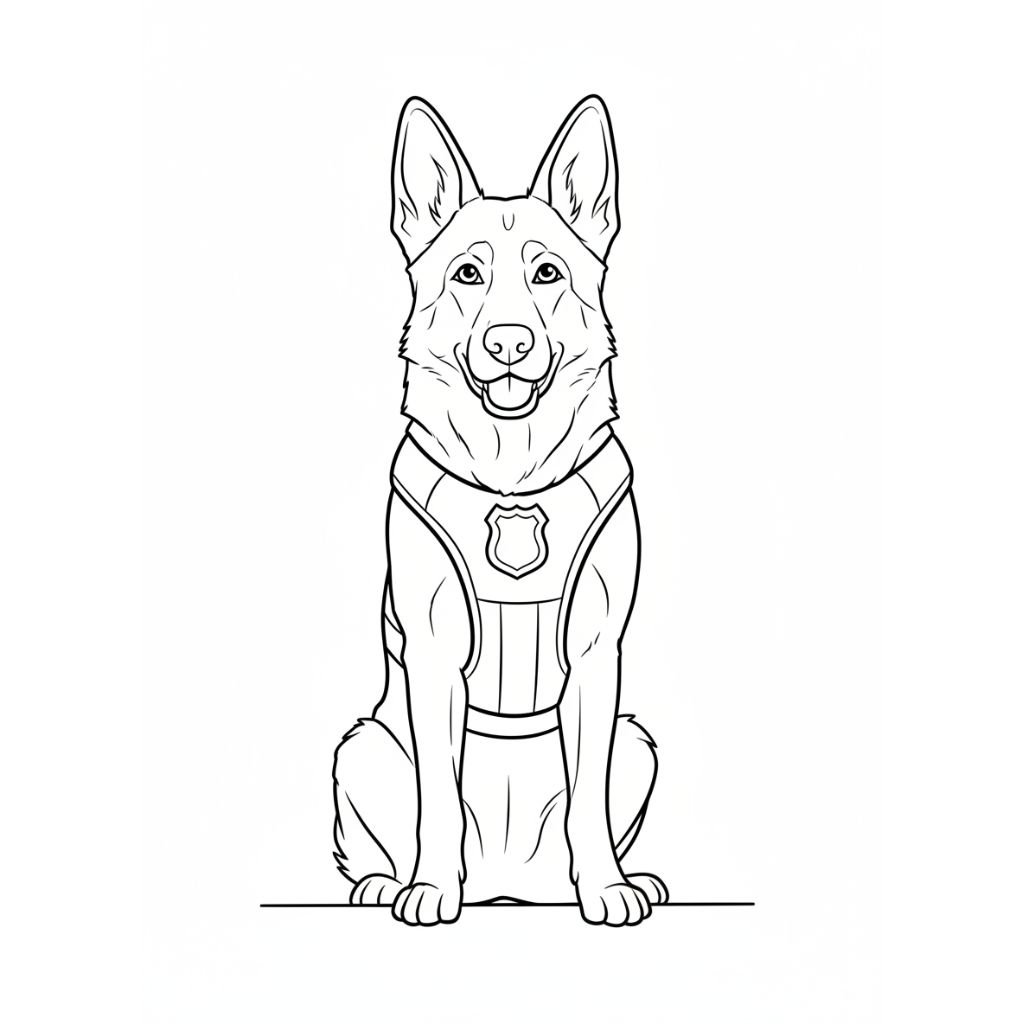 Line drawing of a German Shepherd wearing a police vest and badge, sitting and facing forward. Perfect for dog coloring pages, this free printable is great fun for kids and adults alike.
