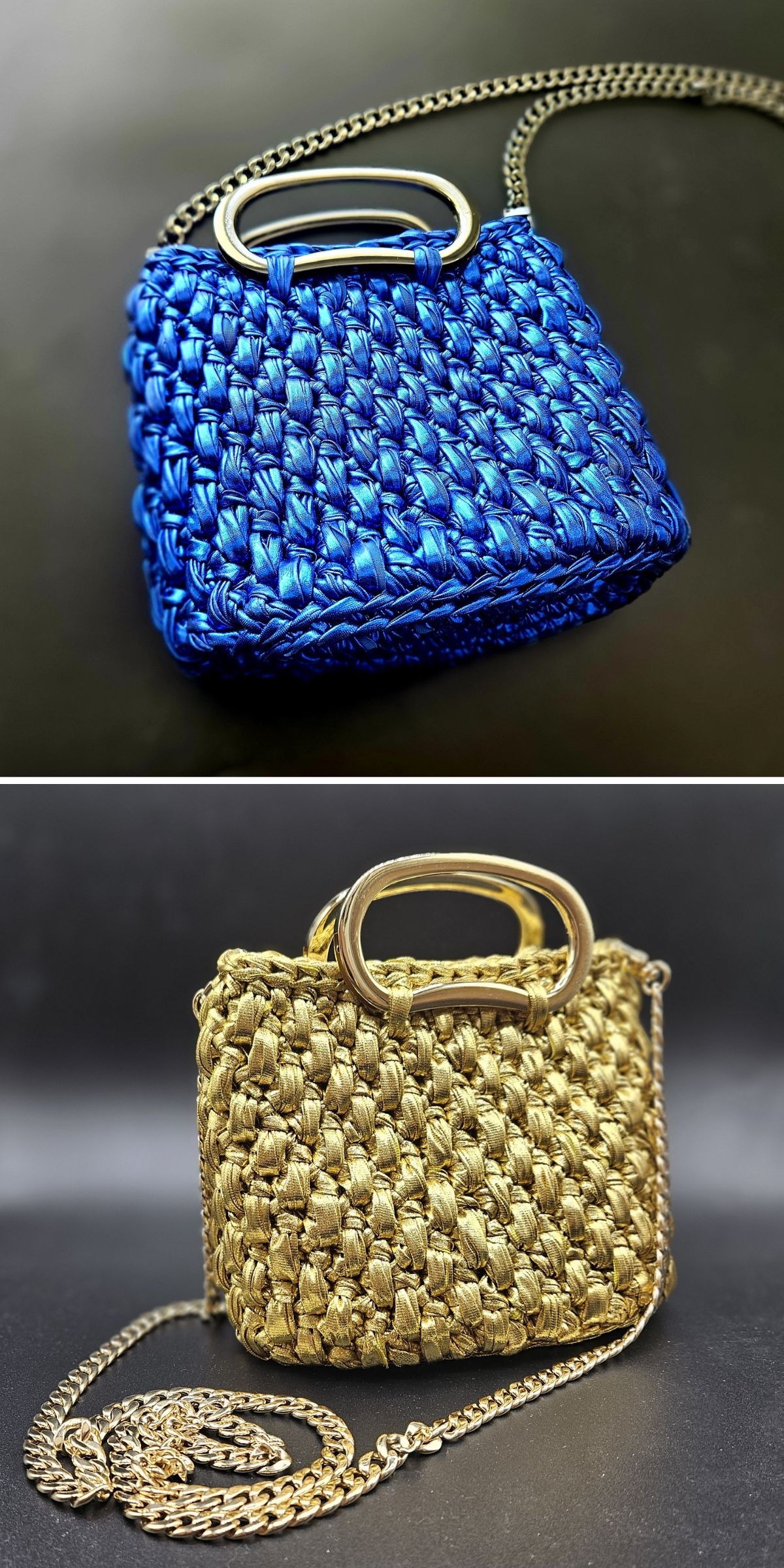Two small crochet bags, one metallic blue and one metallic gold, each with a metal handle and chain strap, displayed against a dark background.