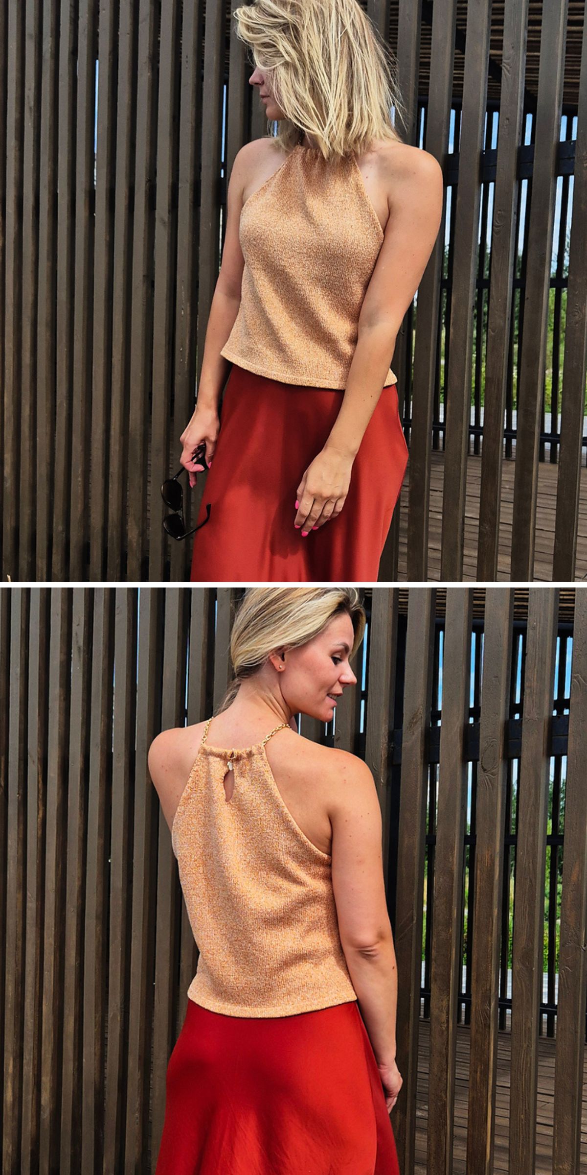 A person stands outdoors wearing a peach knit halter top and a red-orange skirt, shown from the front and back against a wooden slat fence.