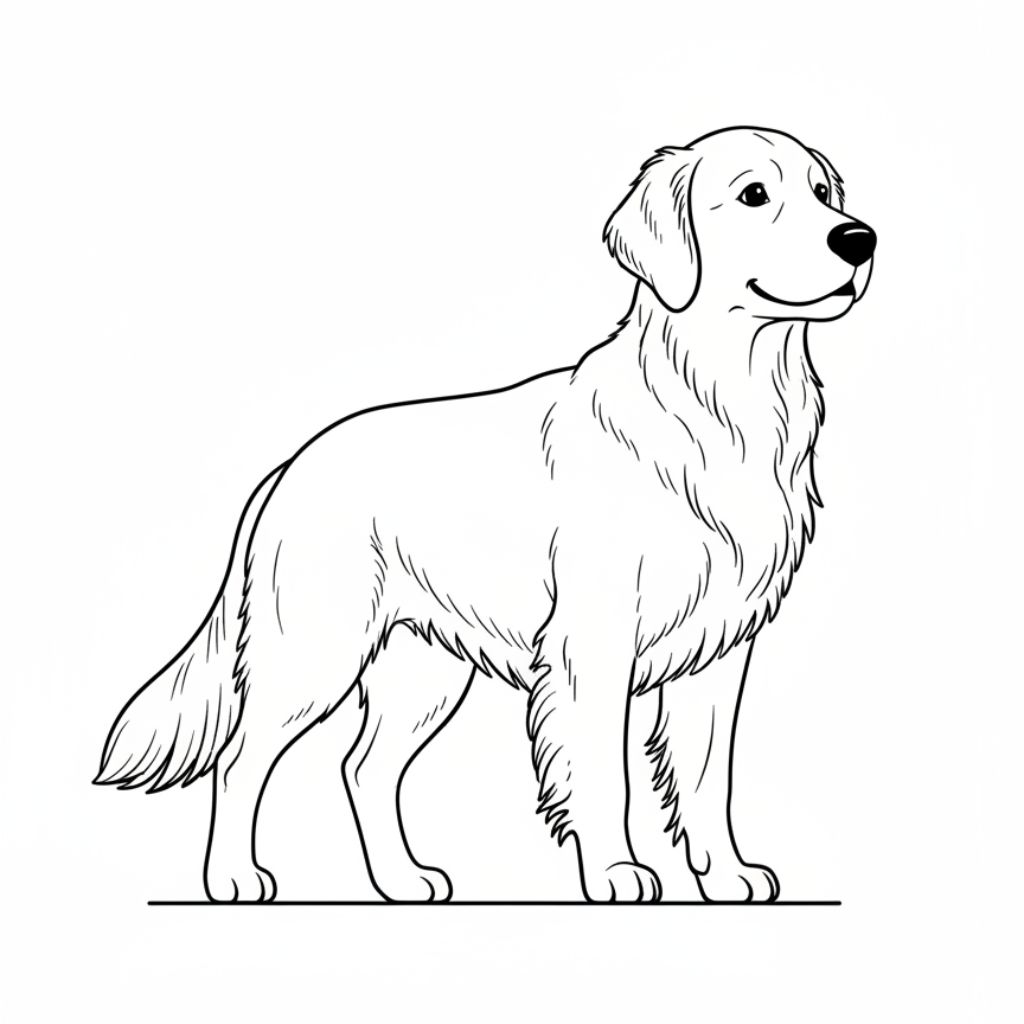 Black and white line drawing of a standing dog with a long coat and relaxed expression, facing slightly to the right — perfect for dog coloring pages or free printable coloring pages for kids.