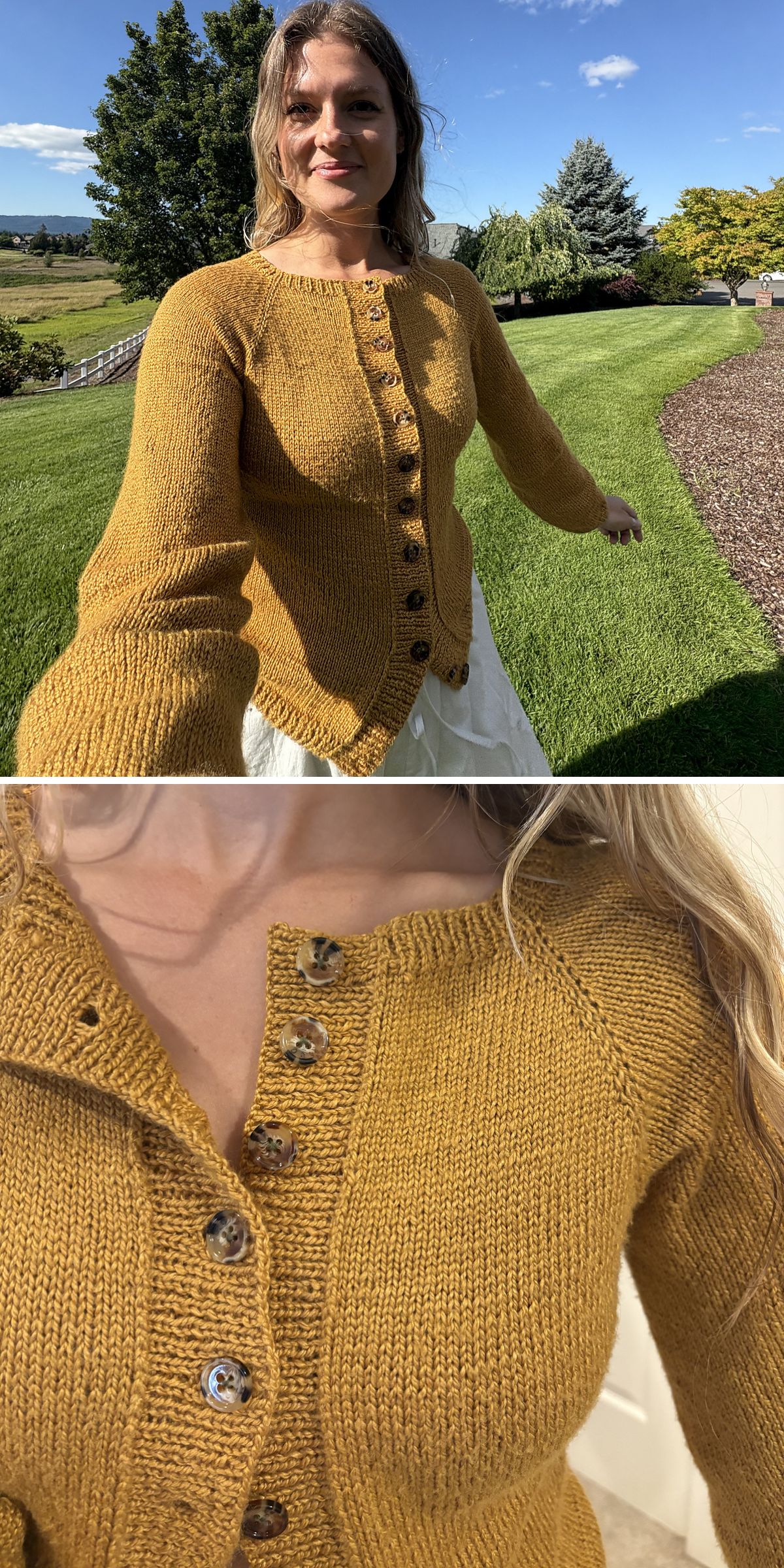 A woman outdoors wears a mustard yellow knitted cardigan with wood buttons. The second close-up highlights the button details and textured knit pattern—perfect inspiration for those seeking free knitting patterns for cardigans.
