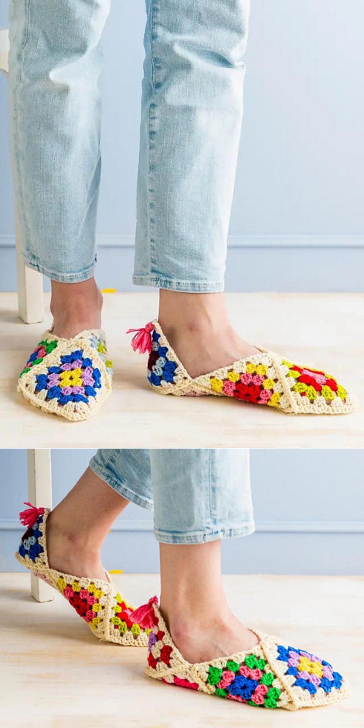 Person wearing light blue jeans and crochet slippers with colorful granny square patterns, standing on a light-colored floor.