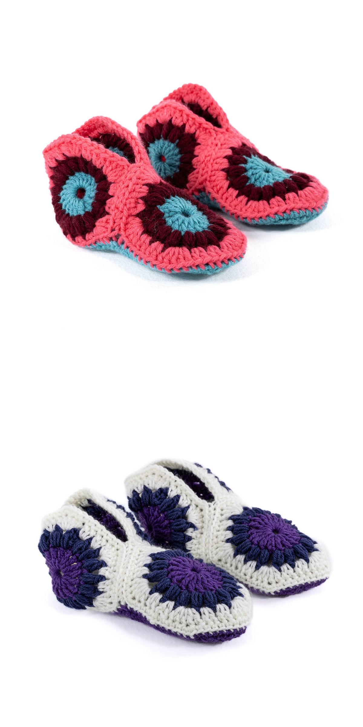 Two pairs of crochet slippers — one in pink, red, and blue tones, the other in white, purple, and dark blue — beautifully displayed on a white background.