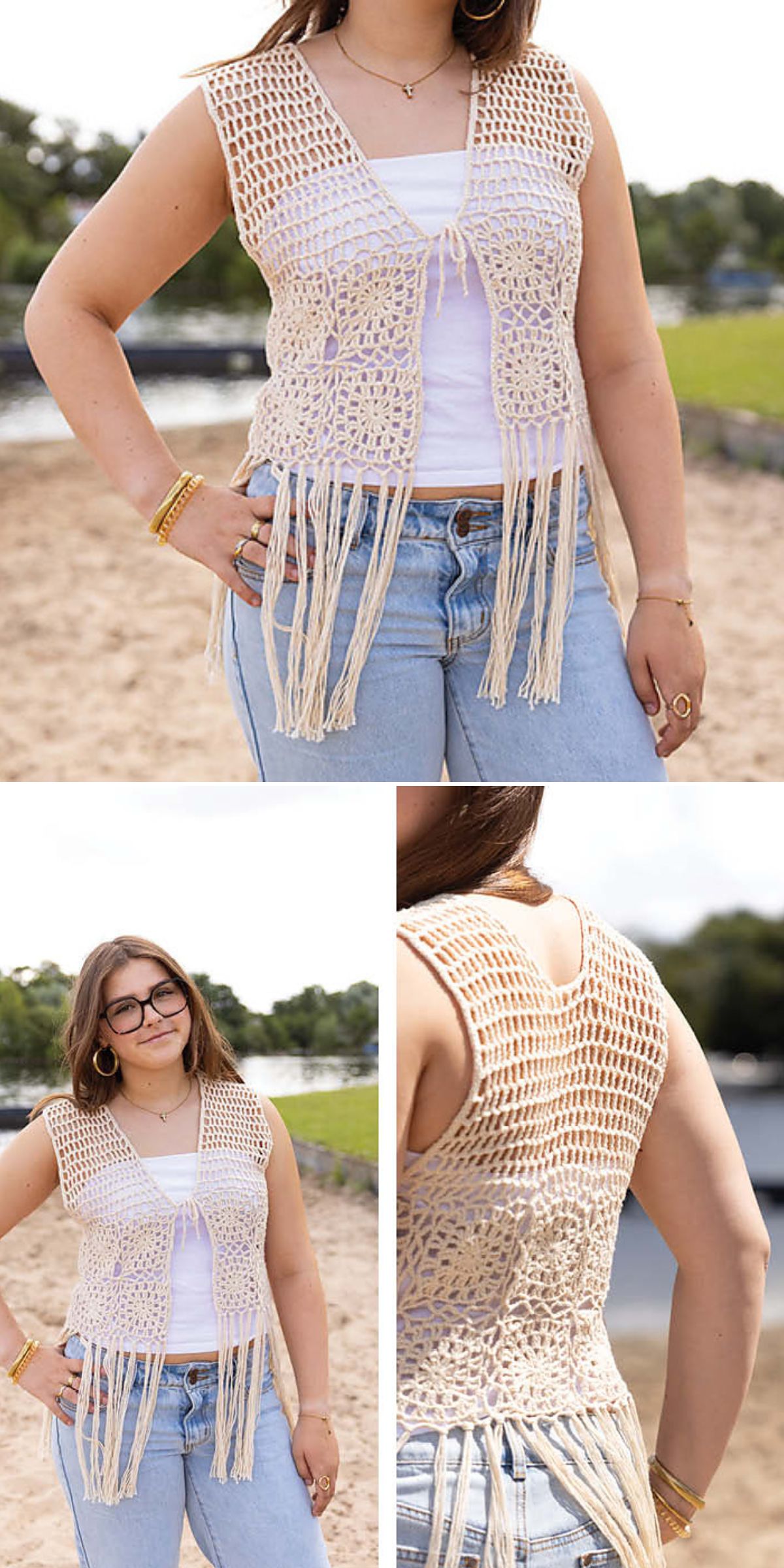 A woman wears a beige crochet vest with fringe over a white tank top and blue jeans. The vest features an open front and a mix of solid and lacy crochet patterns, adding boho-chic flair to her casual outfit.
