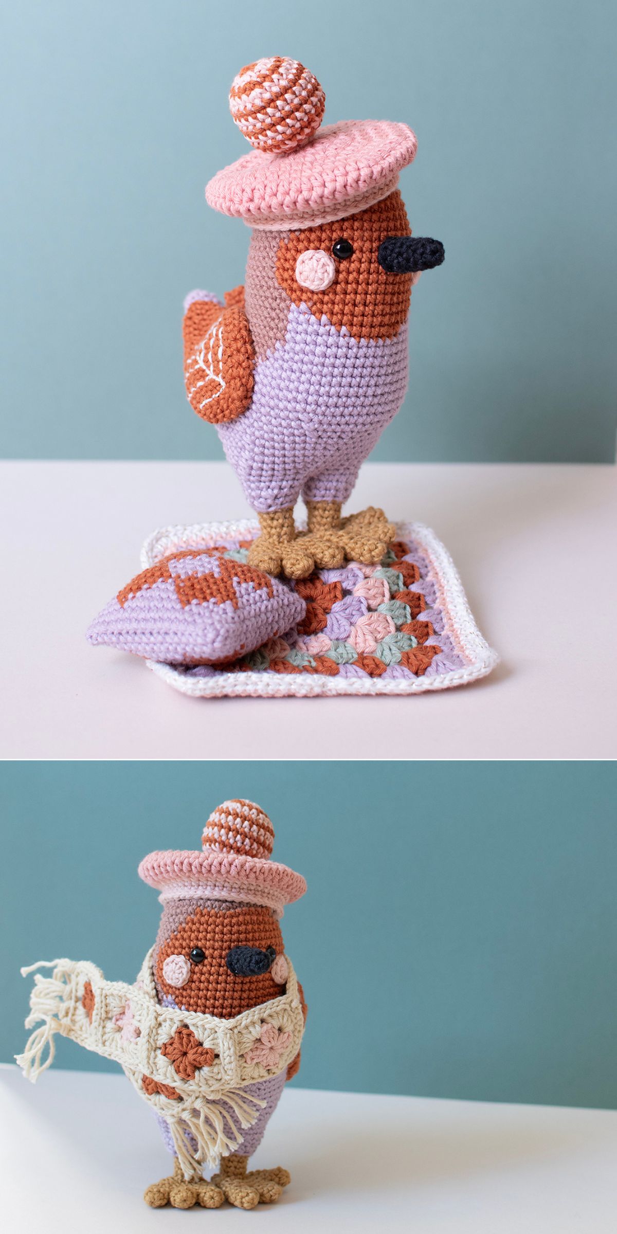 Two crochet birds: one standing on a small blanket with a pillow, the other wrapped in a scarf. Both crochet birds wear pink hats and feature soft pastel colors.