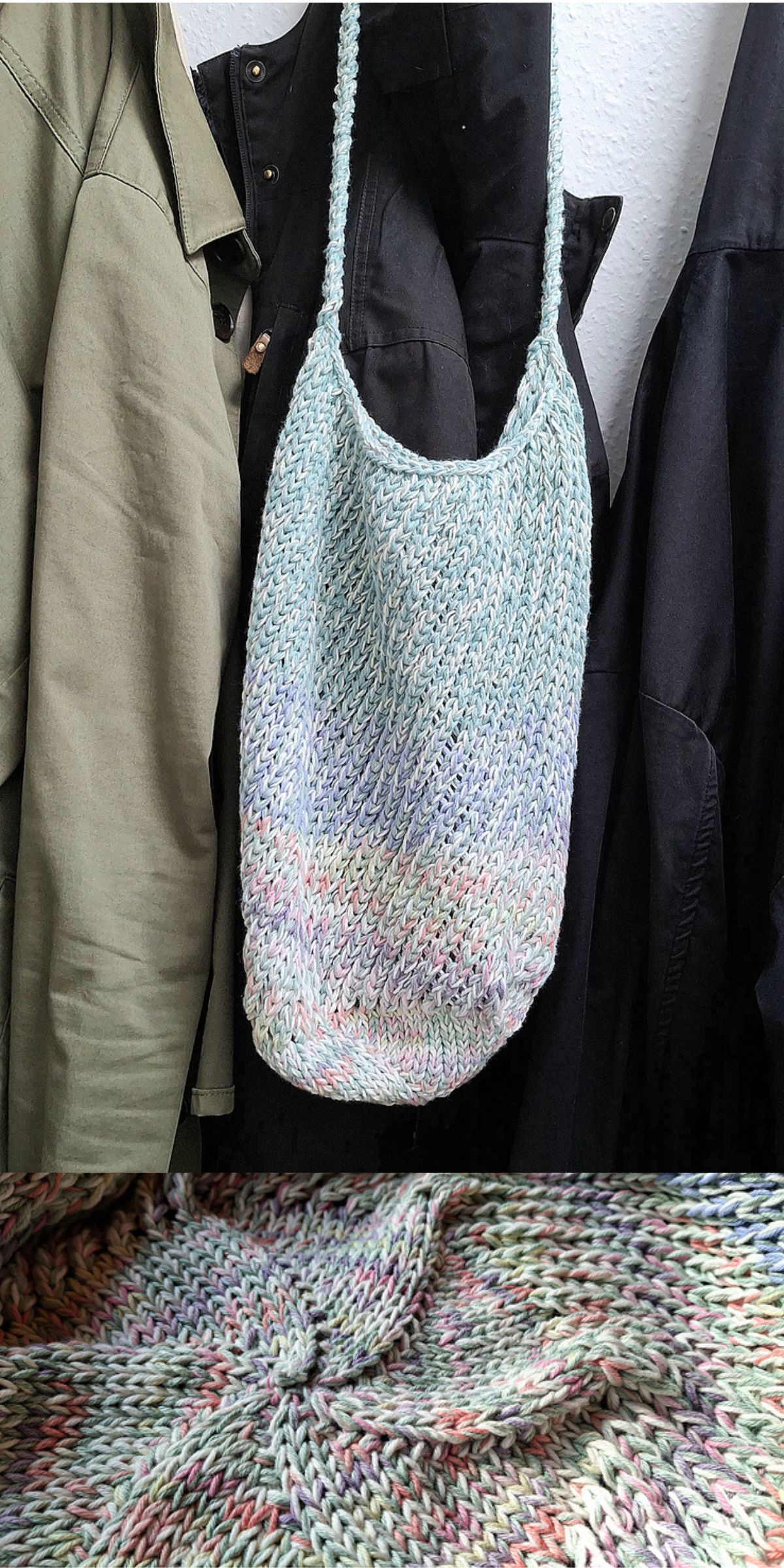 A multicolored knit shoulder bag, made with vibrant tote knitting patterns, hangs on a hook between two jackets. Below, a close-up reveals the bag’s textured stitches and soft pastel yarn pattern.