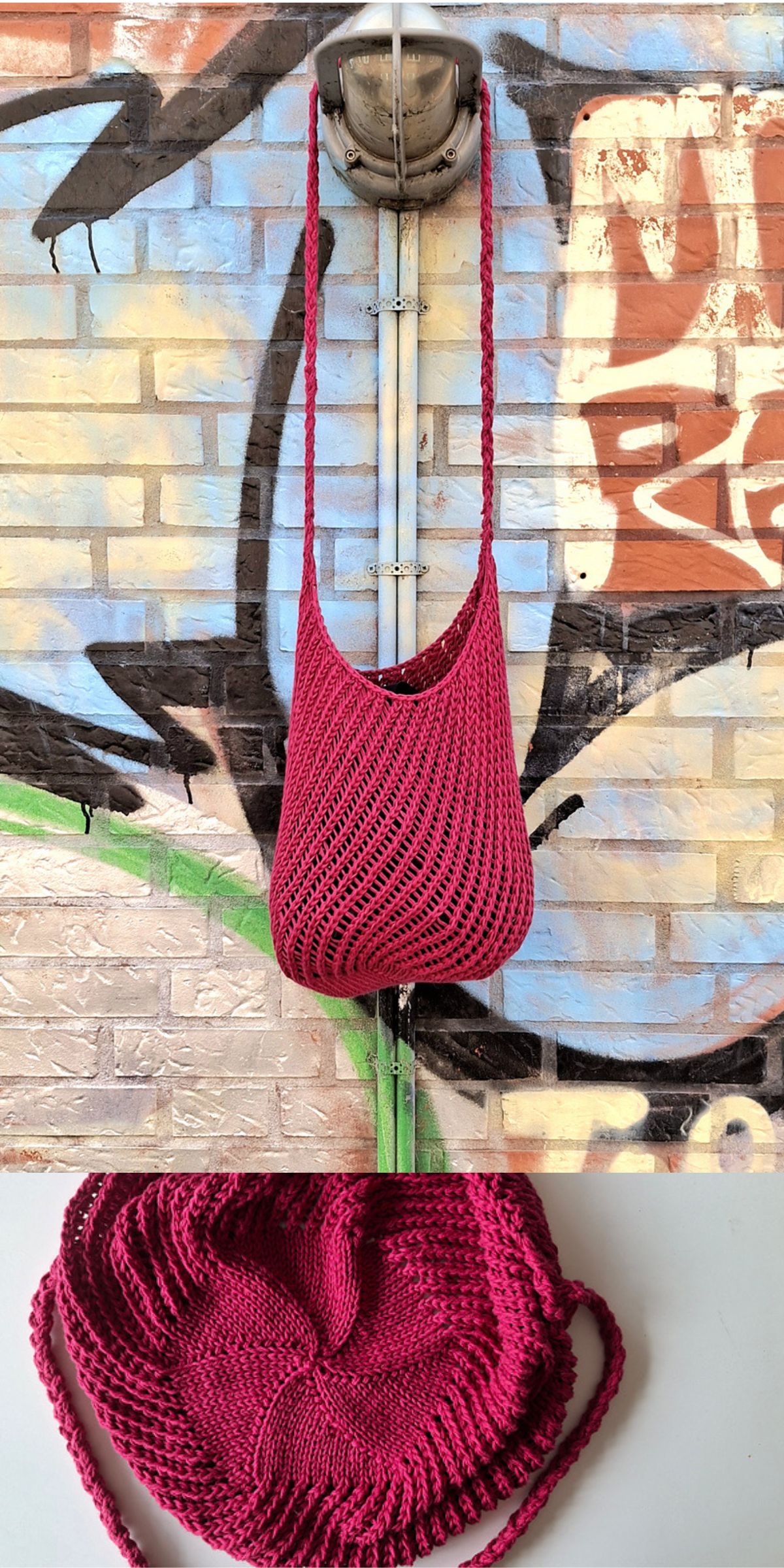 A knitted, deep pink shoulder bag hangs on a wall hook against a graffiti brick wall; inspired by stylish Knit Bag Patterns, the second image shows a close-up of the bag’s base and woven details.