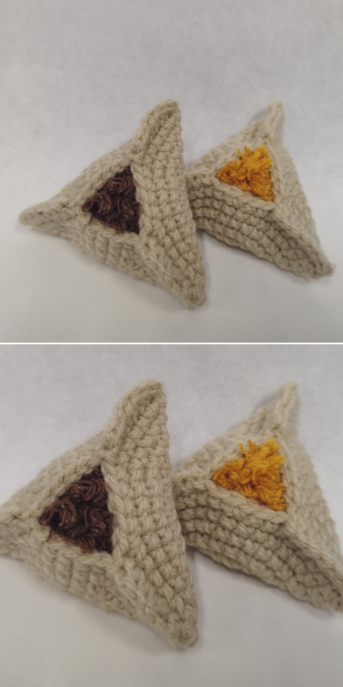 Two food amigurumi triangle pastries, one with a brown center and one with a yellow center, are displayed on a plain white background.