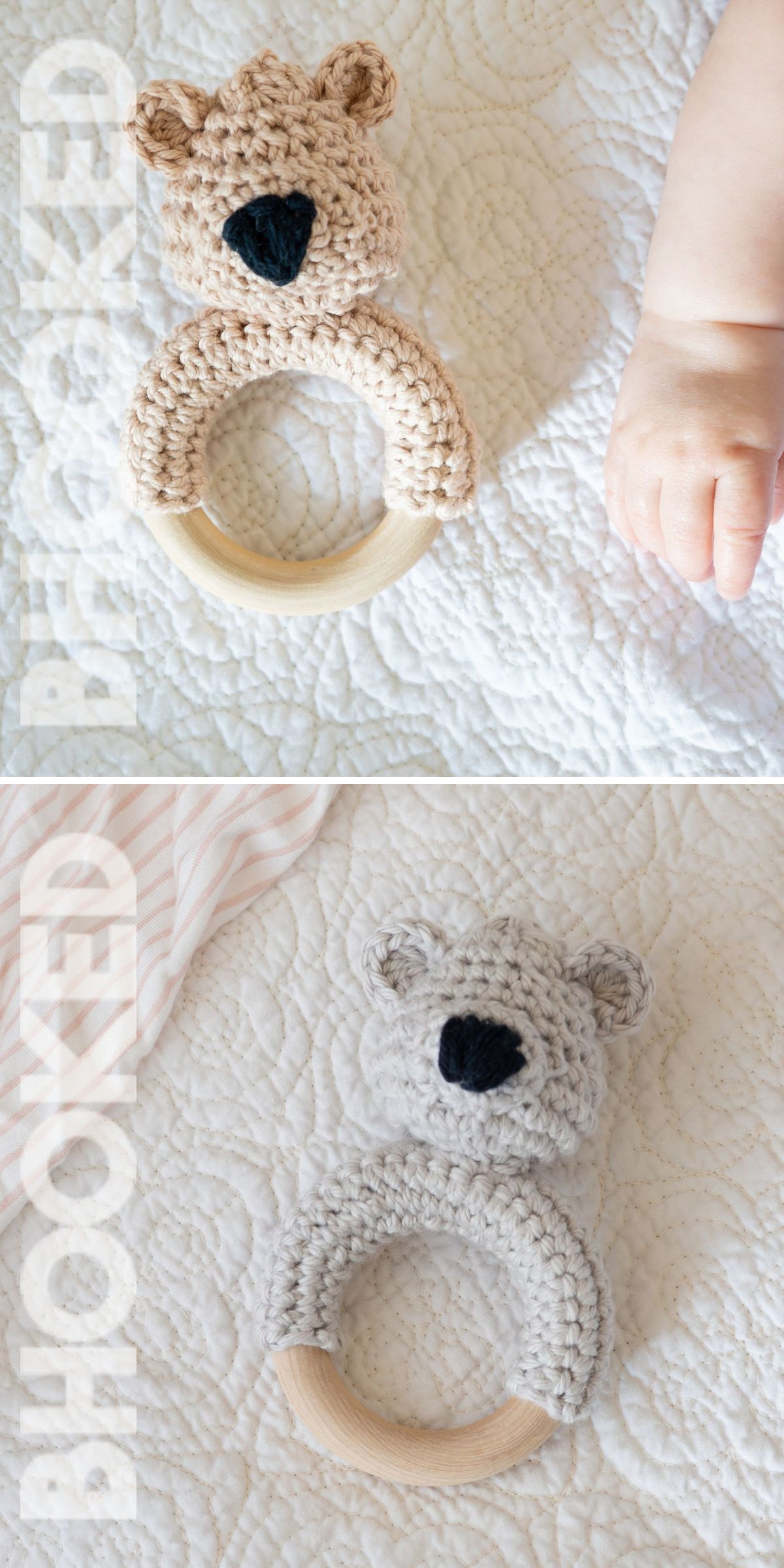Two crochet baby toy bear-shaped rattles with wooden rings rest on a quilt; a baby's hand is visible near the top rattle.