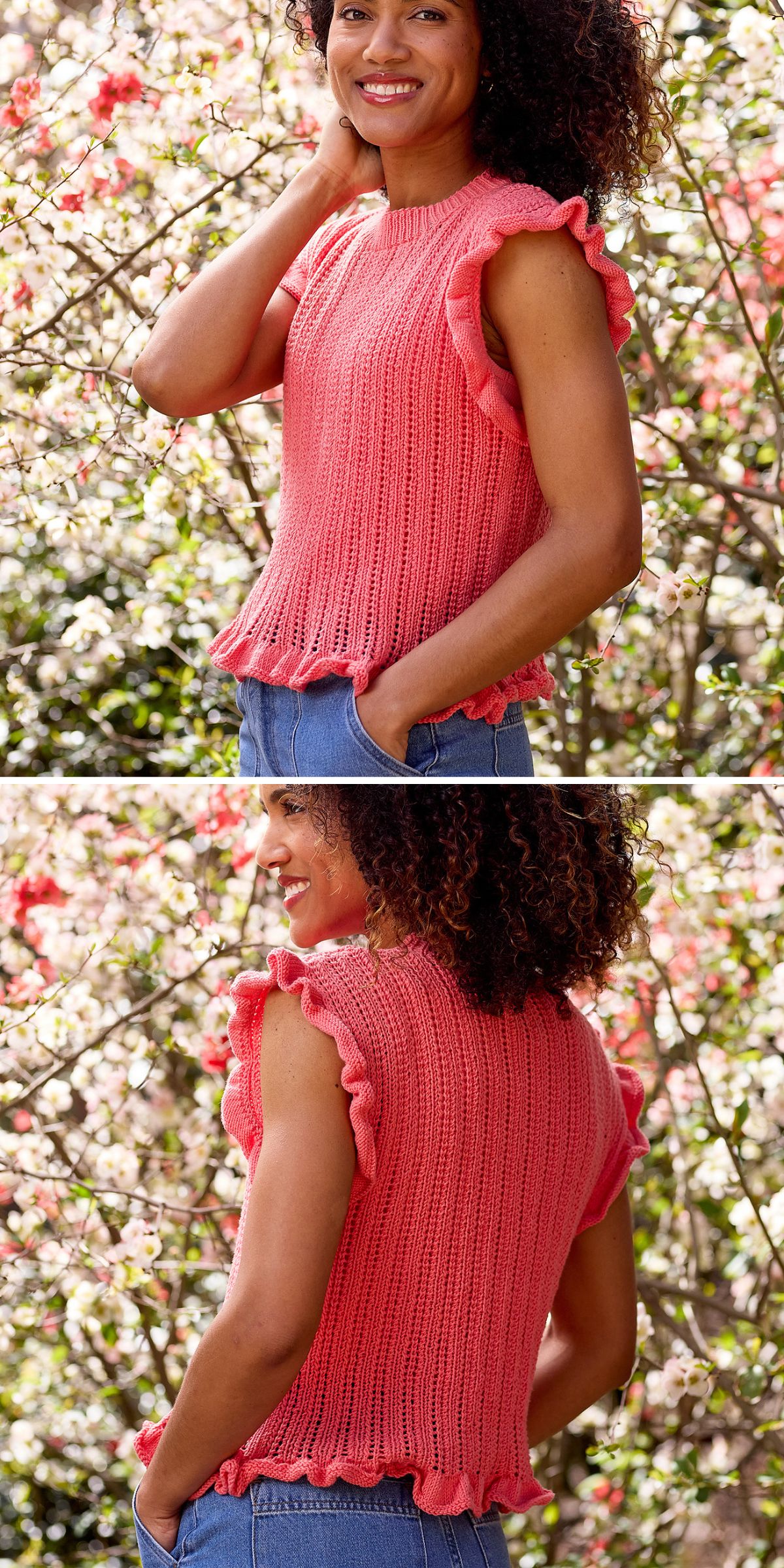 A person wears a sleeveless, ribbed pink knit halter top with ruffled edges, standing outdoors in front of blooming branches. The front and back of the top are shown.