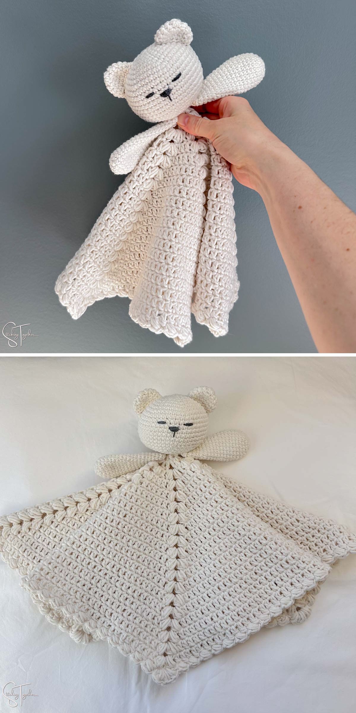 Two photos show a handmade crochet baby lovey; the first image features it held up by hand, while the second shows it laid flat on a white surface.