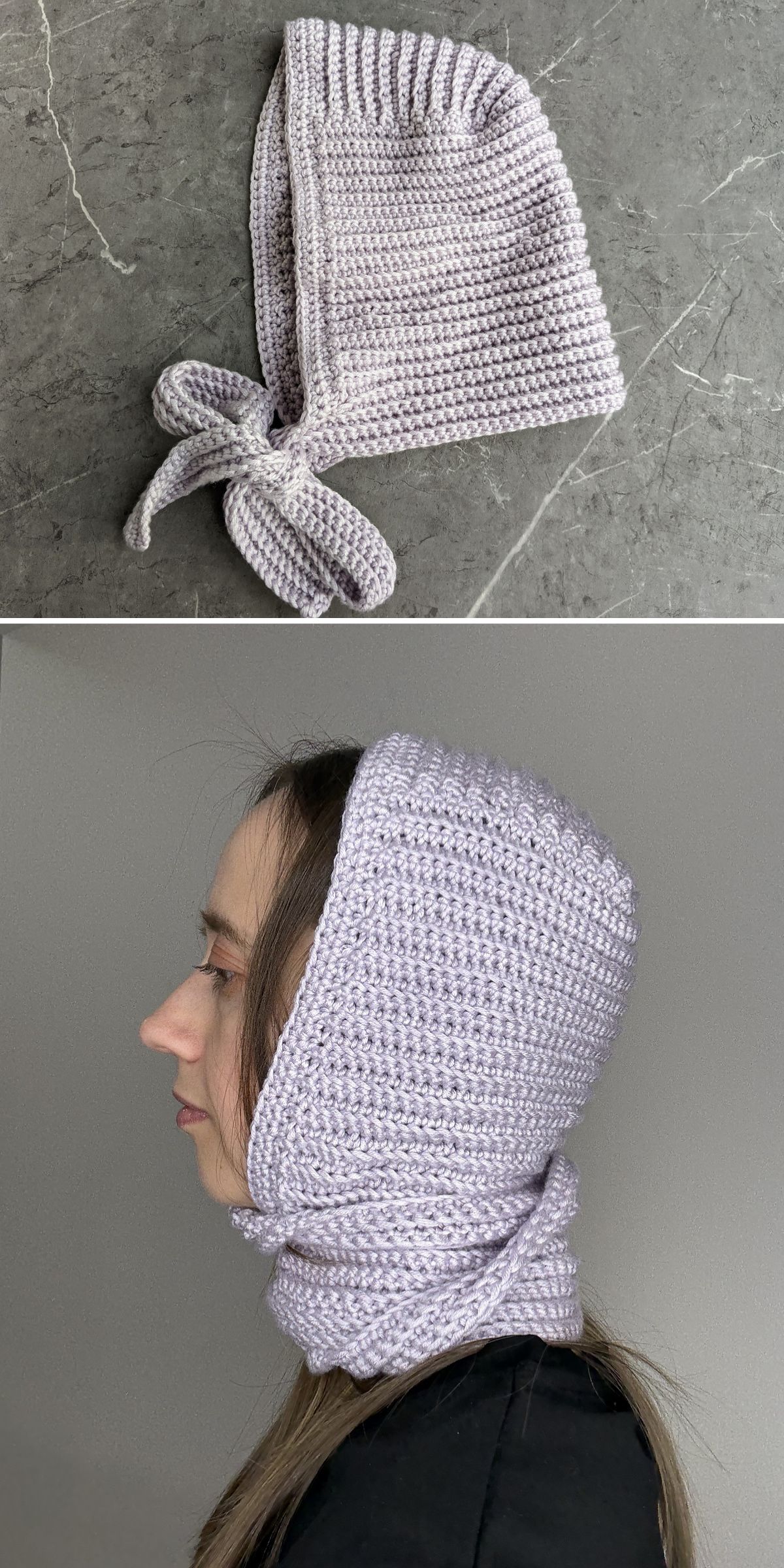 A crochet hood-style, light purple bonnet with ties displayed on a surface and worn by a person in side profile.
