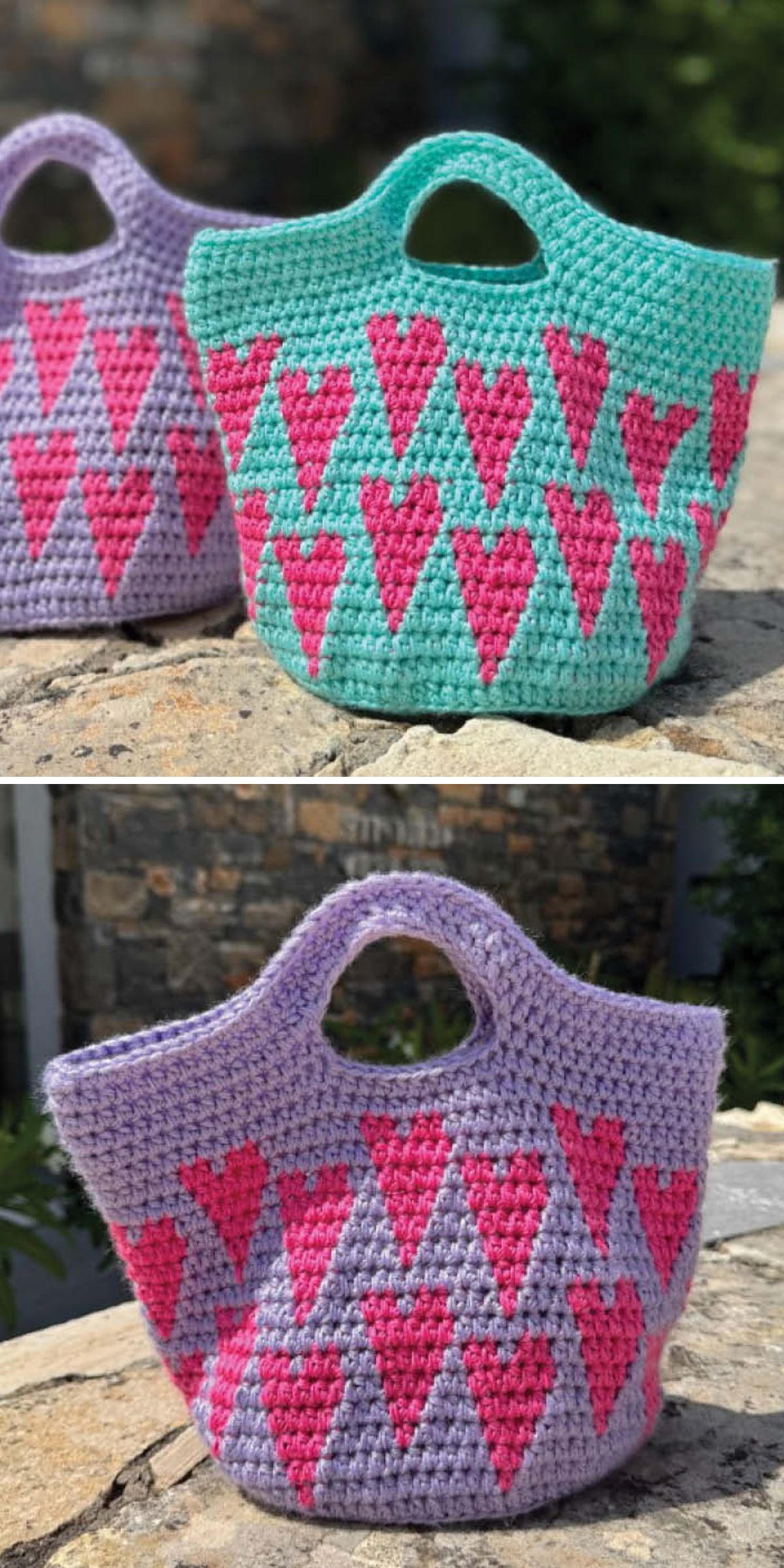 Two crochet bags with heart patterns — one mint green with pink hearts, the other lavender with pink hearts — are displayed outdoors on a stone surface.