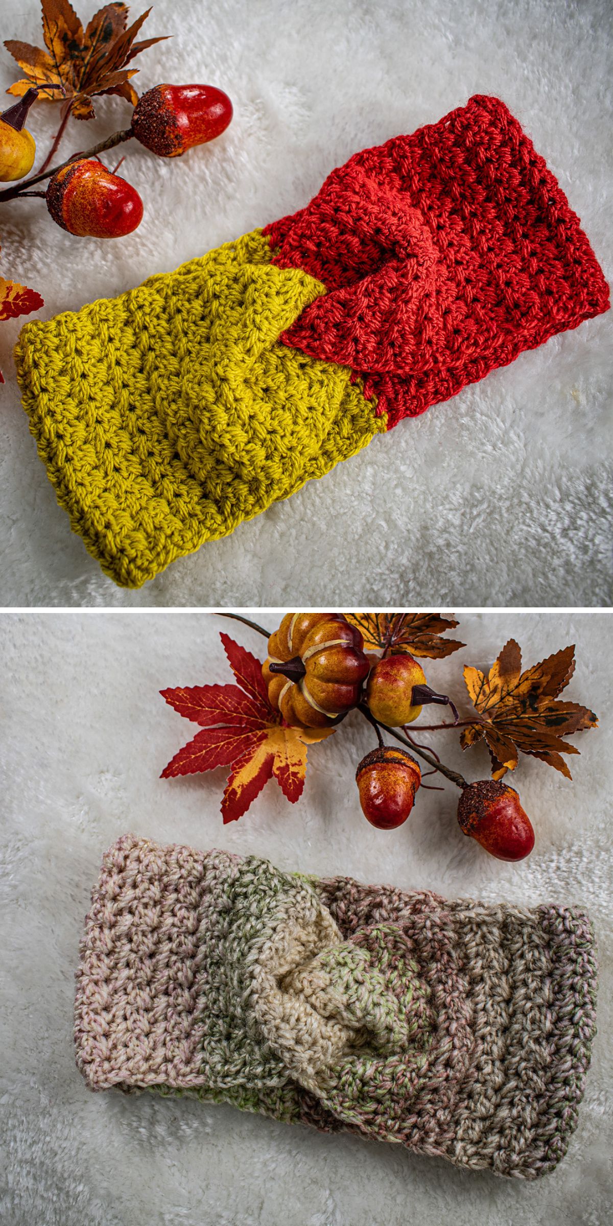 Two images of crochet headbands displayed on a white surface, each featuring a twisted knot design and adorned with autumn-themed decorations like leaves and artificial fruit.