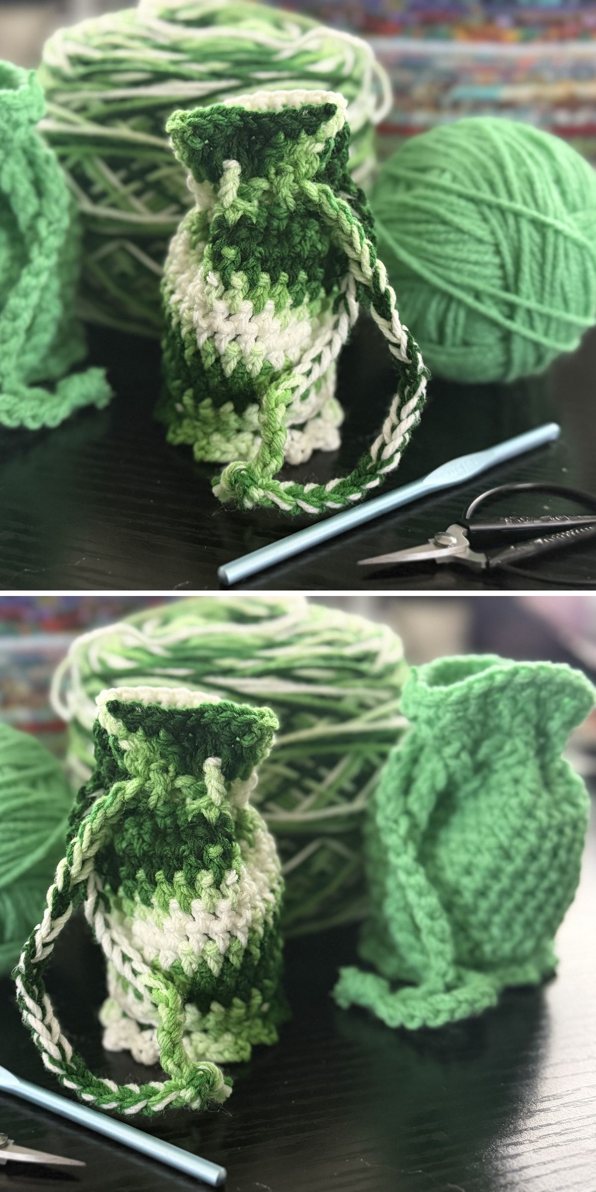 Two hand-knitted green and white crochet pouches are displayed with green yarn balls, a crochet hook, and pliers on a dark surface.