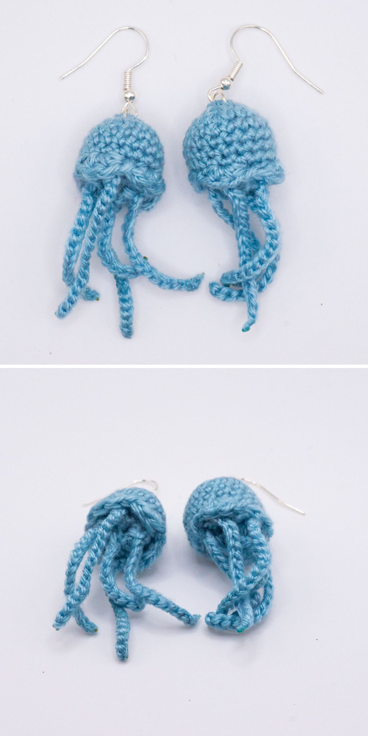 Two photos feature a pair of blue crochet earrings shaped like jellyfish, complete with wavy tentacles and each suspended from a metal hook.