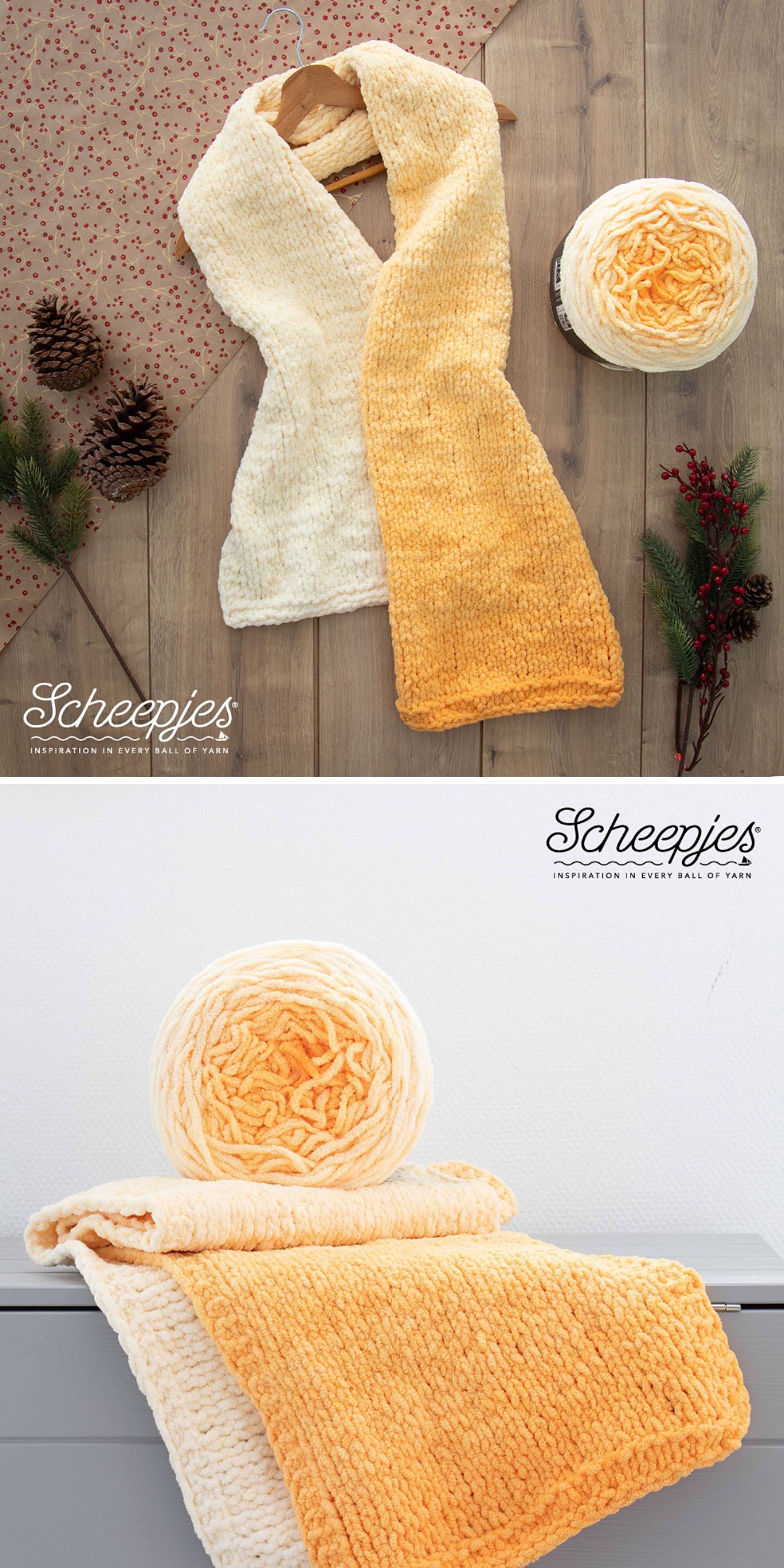 A knitted scarf with a gradient from cream to orange, displayed with a matching yarn cake, pinecones, and red berries on a wooden surface — perfect inspiration for those seeking unique knitting scarf patterns.