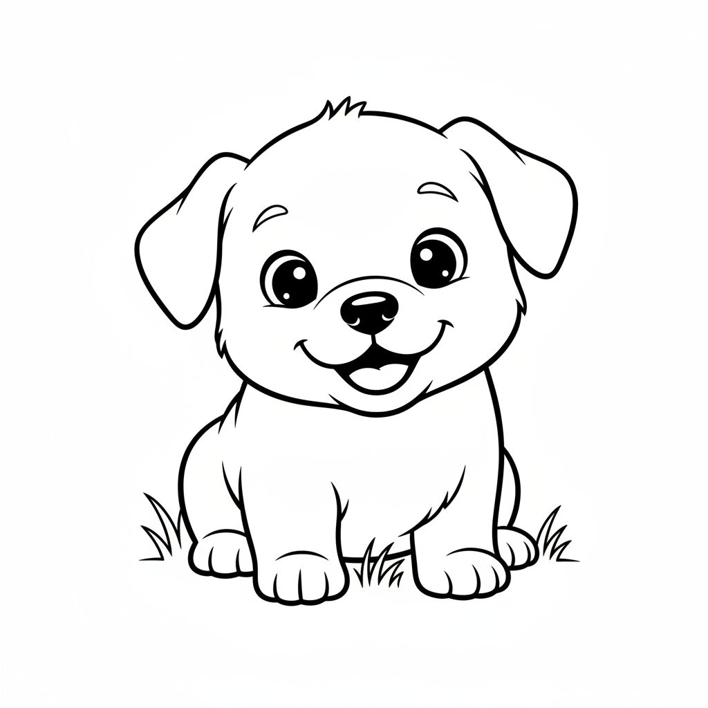 Black and white line drawing of a smiling puppy sitting on grass, facing forward with large eyes and floppy ears — perfect for dog coloring pages or free printable coloring pages for kids.