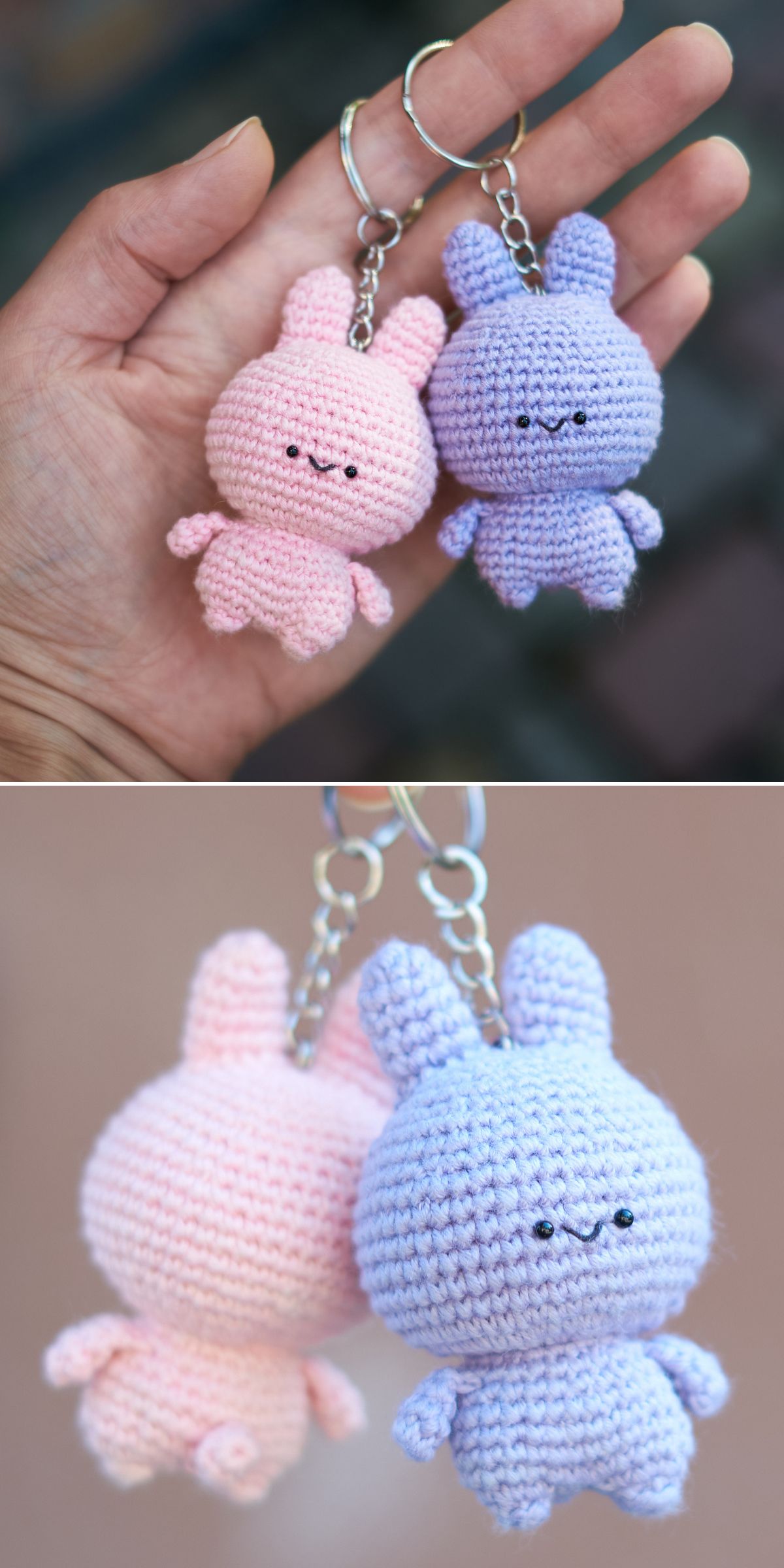 Two crochet bunny keychains, one pink and one purple, are held in a hand in the top image and displayed from the back in the bottom image.
