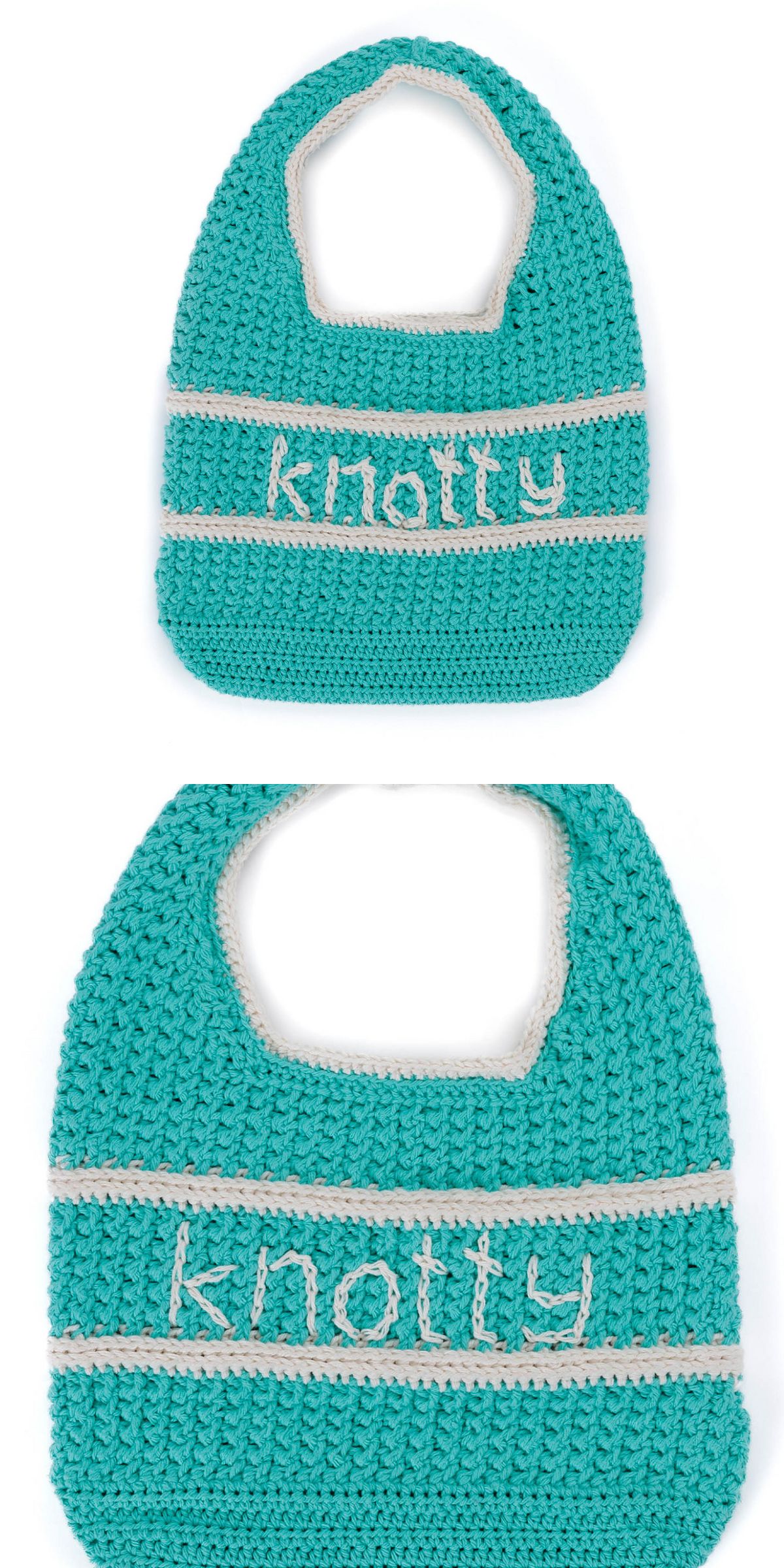 A turquoise crocheted beach bag with white trim, featuring the word "knotty" stitched in white yarn across the front