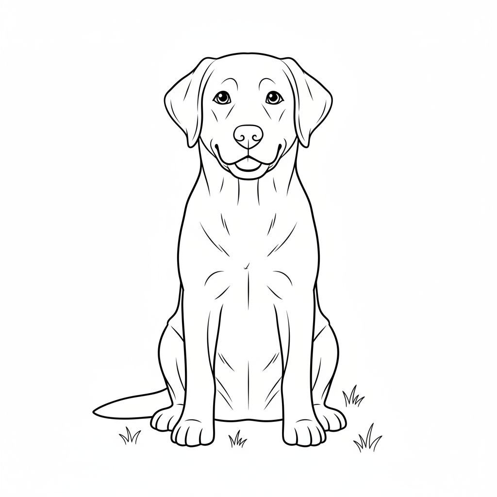 Black and white line drawing of a dog sitting on grass, facing forward with a neutral expression—perfect for dog coloring pages or free printable coloring pages for kids.