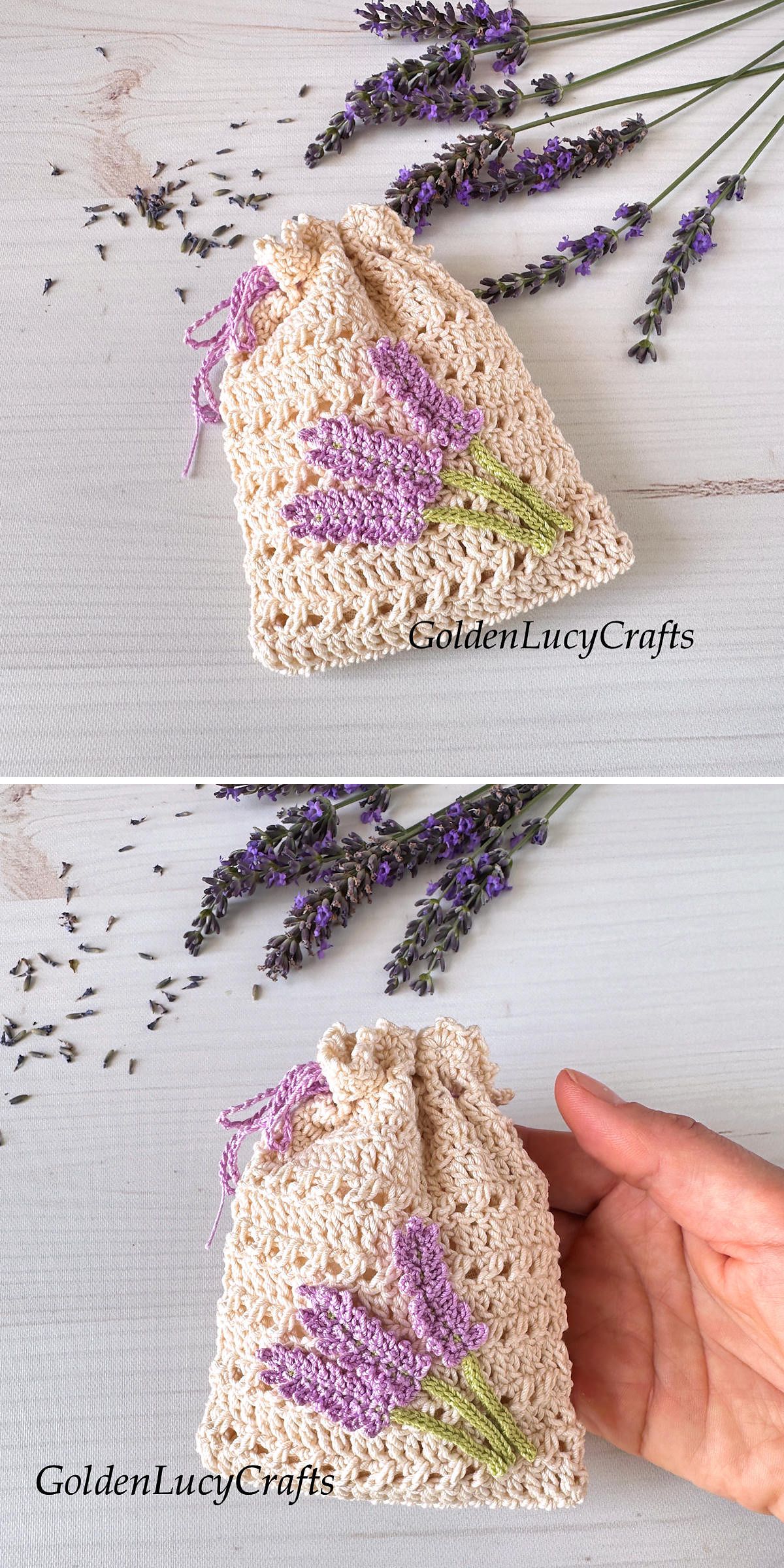 A small crochet pouch with purple and green lavender flower detailing, shown on a table alongside sprigs of real lavender.