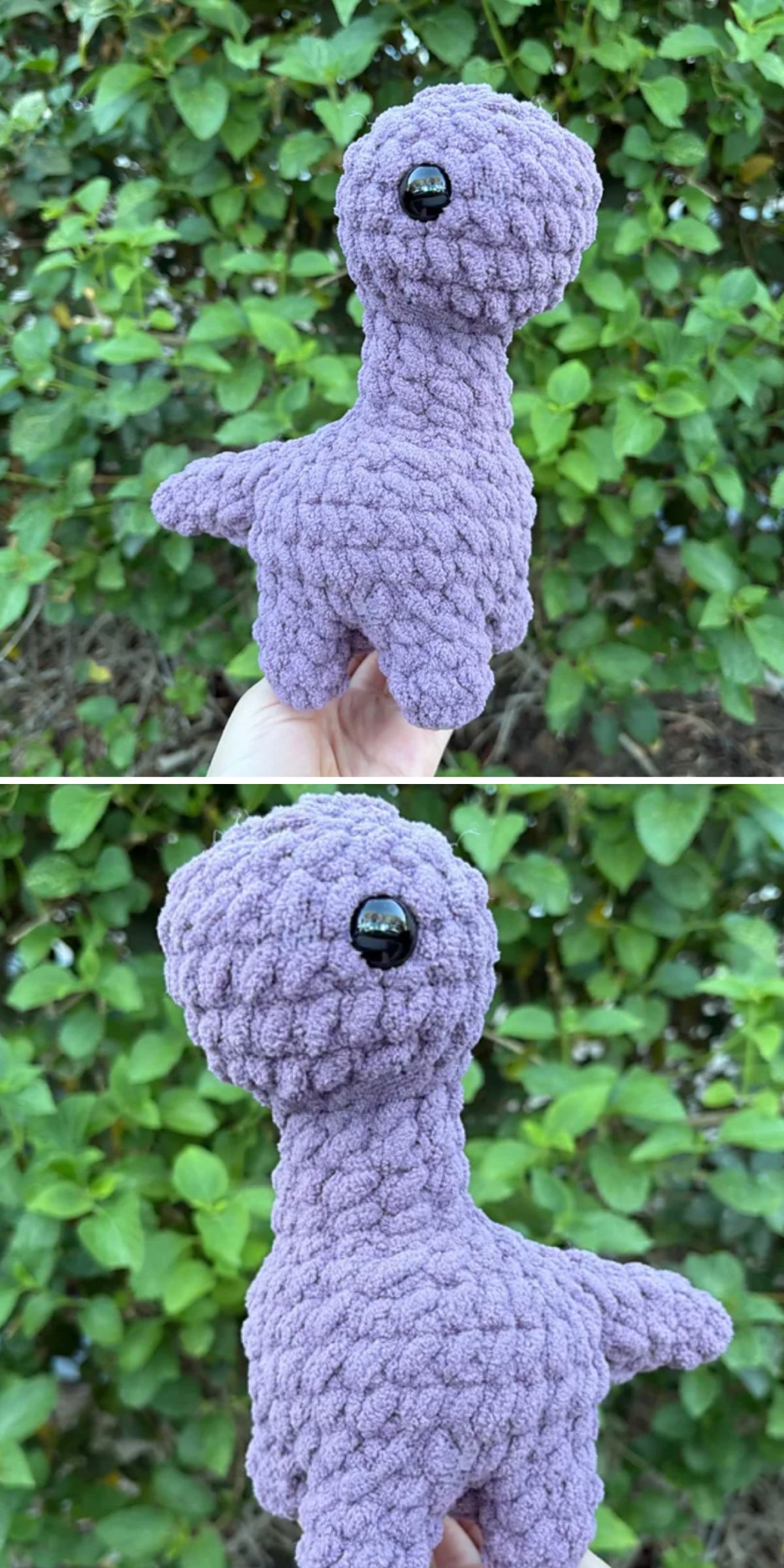 Two images show a hand holding a small, textured, purple crochet dinosaur plush toy with a round head, black eyes, and a short tail, set against green foliage in the background.