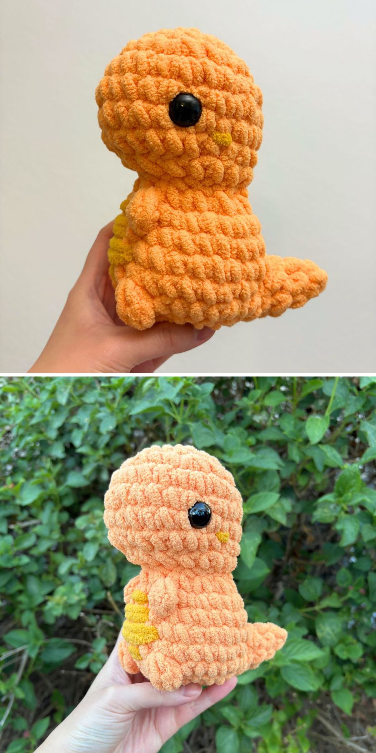 Two photos of a hand holding an orange, textured plush toy resembling a small amigurumi dinosaur; the first image has a plain background, the second shows greenery — perfect inspiration for those seeking crochet dinosaur patterns.