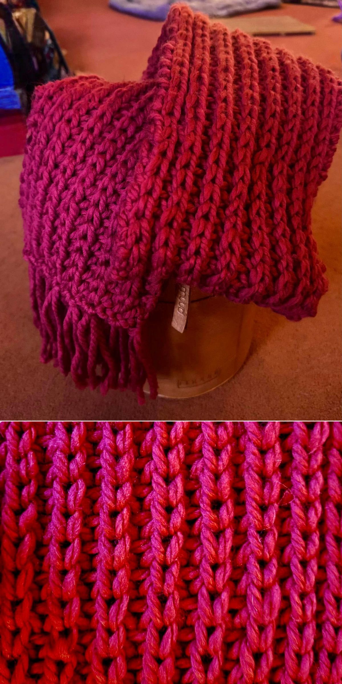 A thick, hand-knit red scarf with fringe is draped over a container; close-up below highlights the ribbed knitting pattern and texture, perfect inspiration for those seeking new knitting scarf patterns.