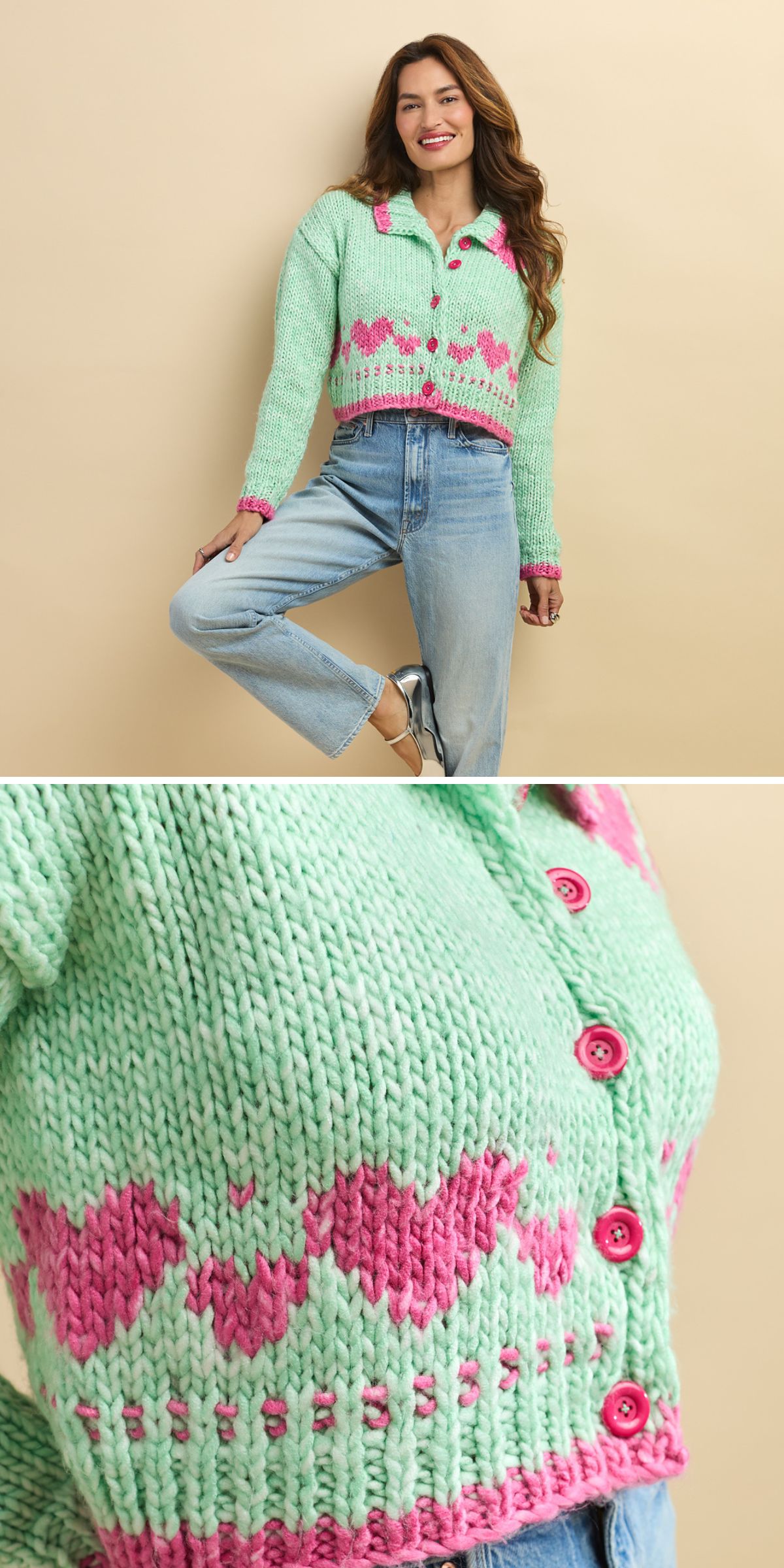 A woman wearing a mint green knitted cardigan with pink heart patterns and pink buttons, paired with blue jeans, stands against a beige background. Close-up shows knit texture—perfect inspiration for Free Knitting Patterns for Cardigans.