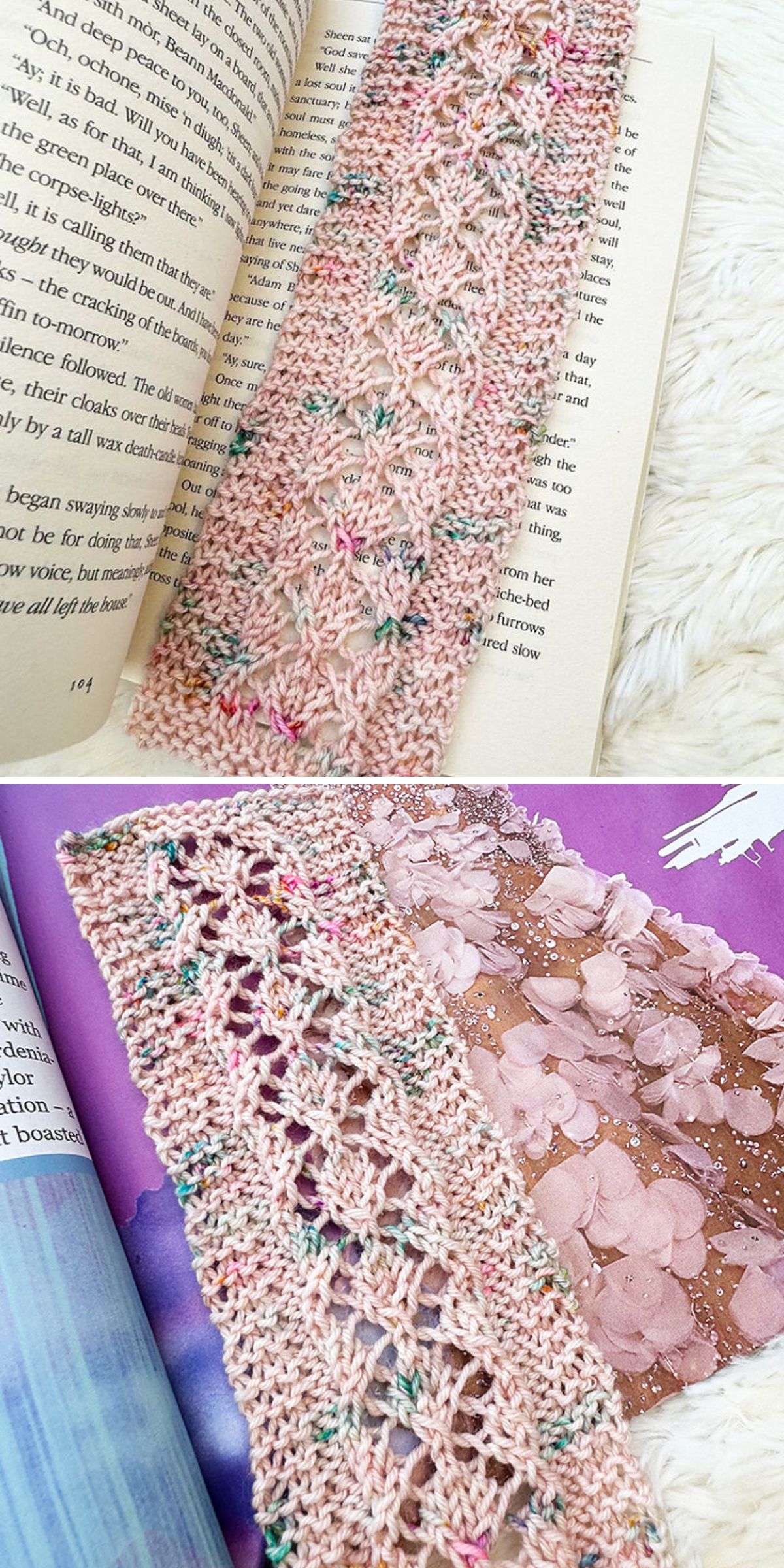 A delicate, pink lace bookmark with a floral pattern, crafted in the style of knitted bookmarks, is placed on open books in two different settings.