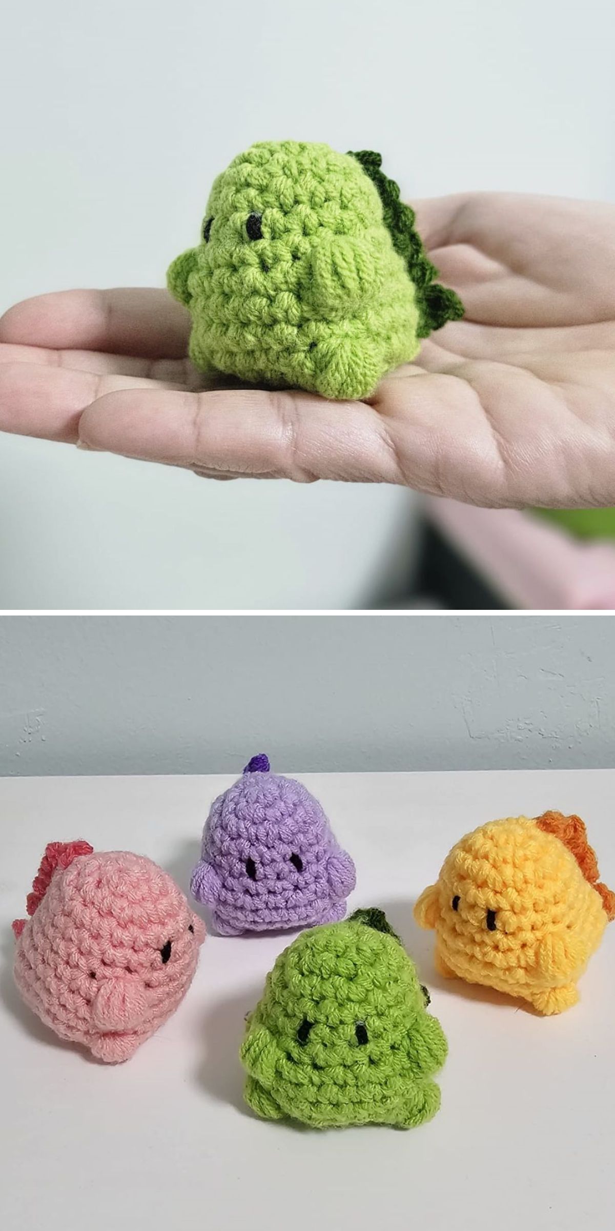 A hand holds a small green crochet dinosaur. Below, four crochet dinosaurs in pink, purple, green, and yellow are arranged on a light surface.