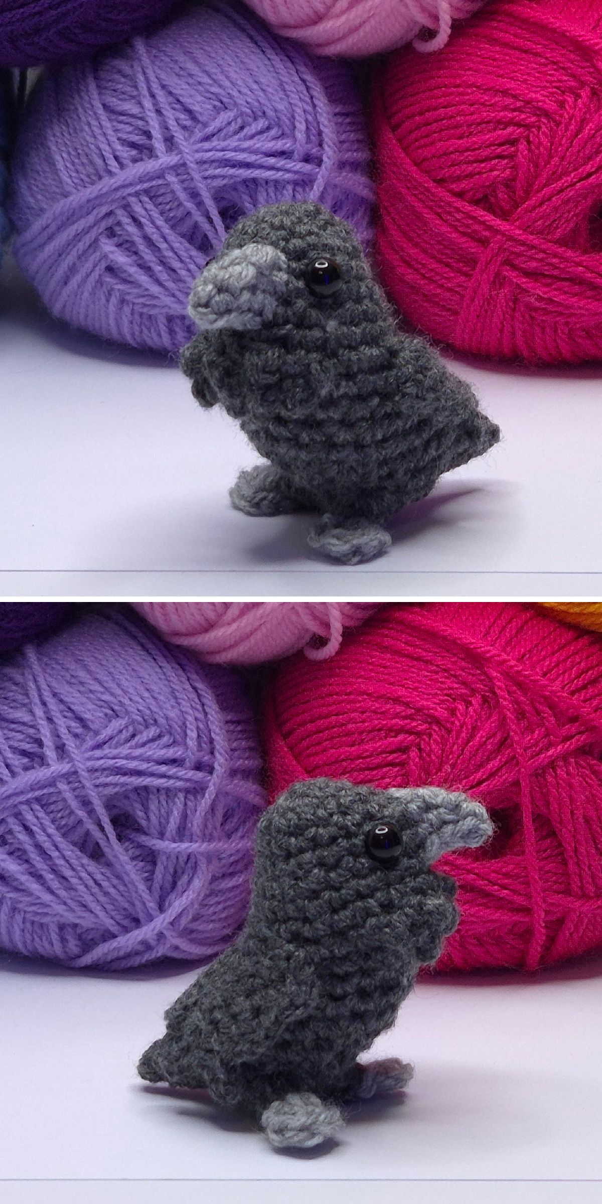 Two photos of a crochet bird — a small, black raven with a grey beak and feet — are shown in front of pink and purple balls of yarn.