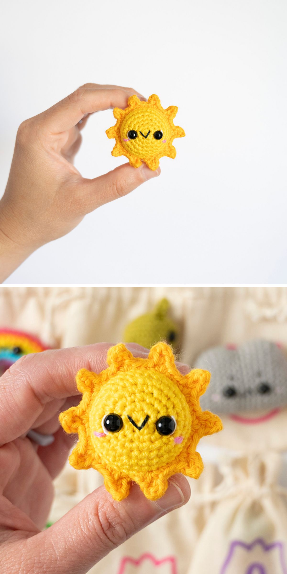 A hand holds a cheerful crochet sun with a smiling face and black eyes; in the close-up, the sun stands out against a backdrop of blurred plush toys.