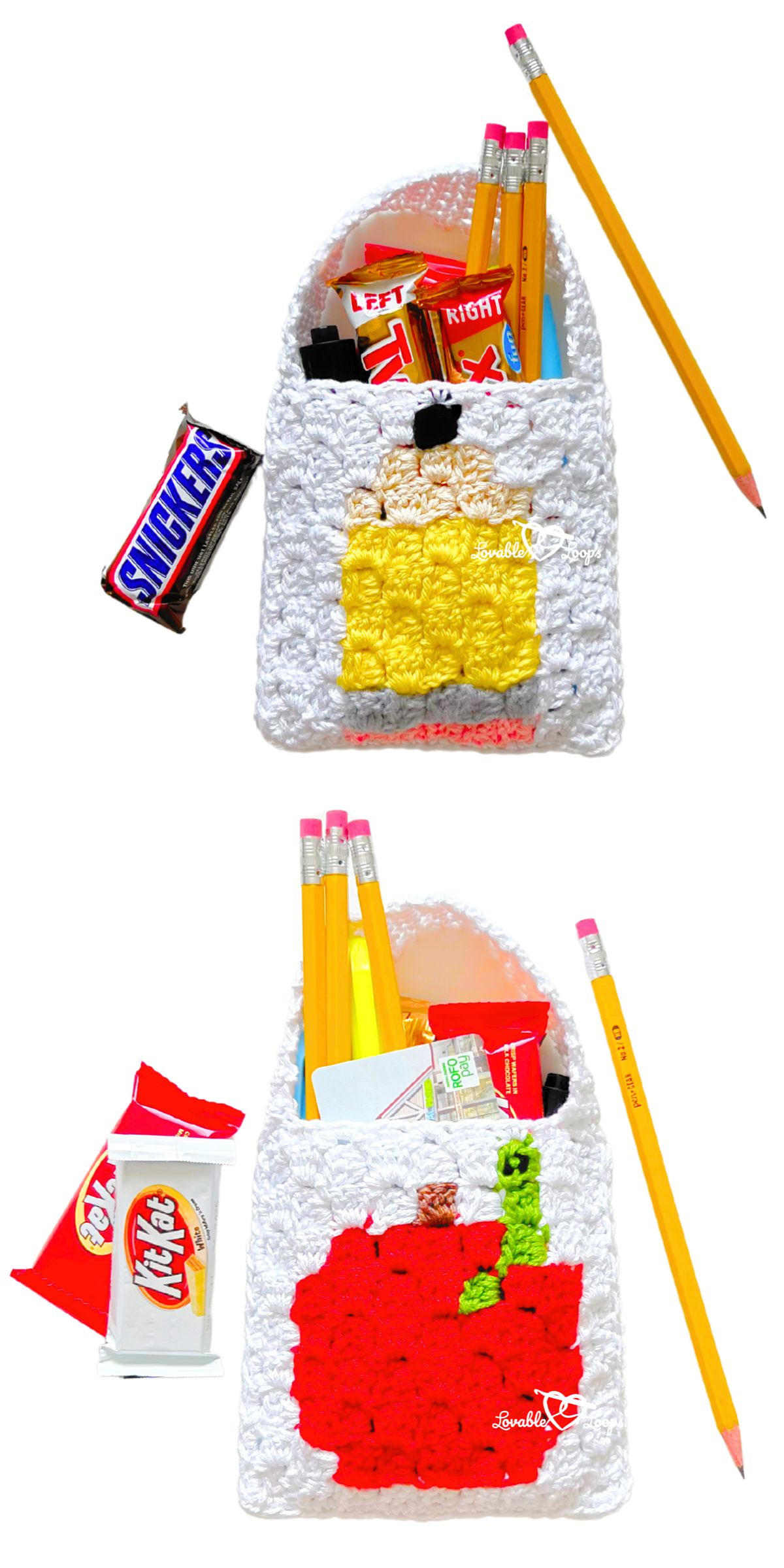 Two crochet pouches, one featuring a yellow pencil design and the other a red apple, are each filled with pencils, pens, and candy bars.