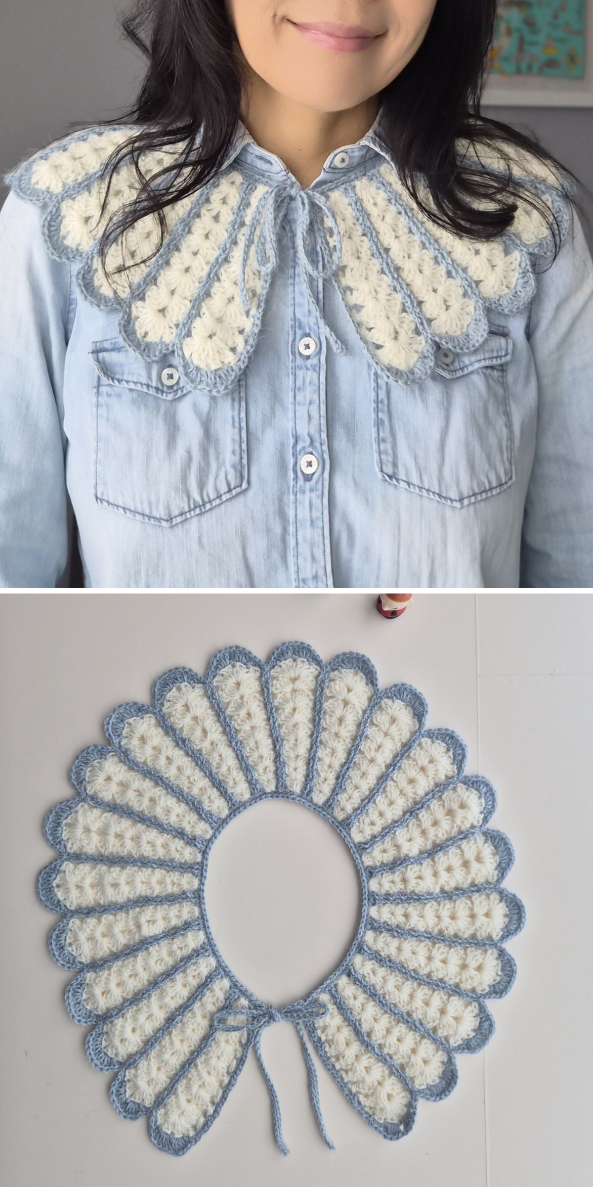 A woman wears a crochet collar with scalloped edges over a denim shirt; below is a close-up of the collar laid flat, highlighting its delicate white and light blue pattern.