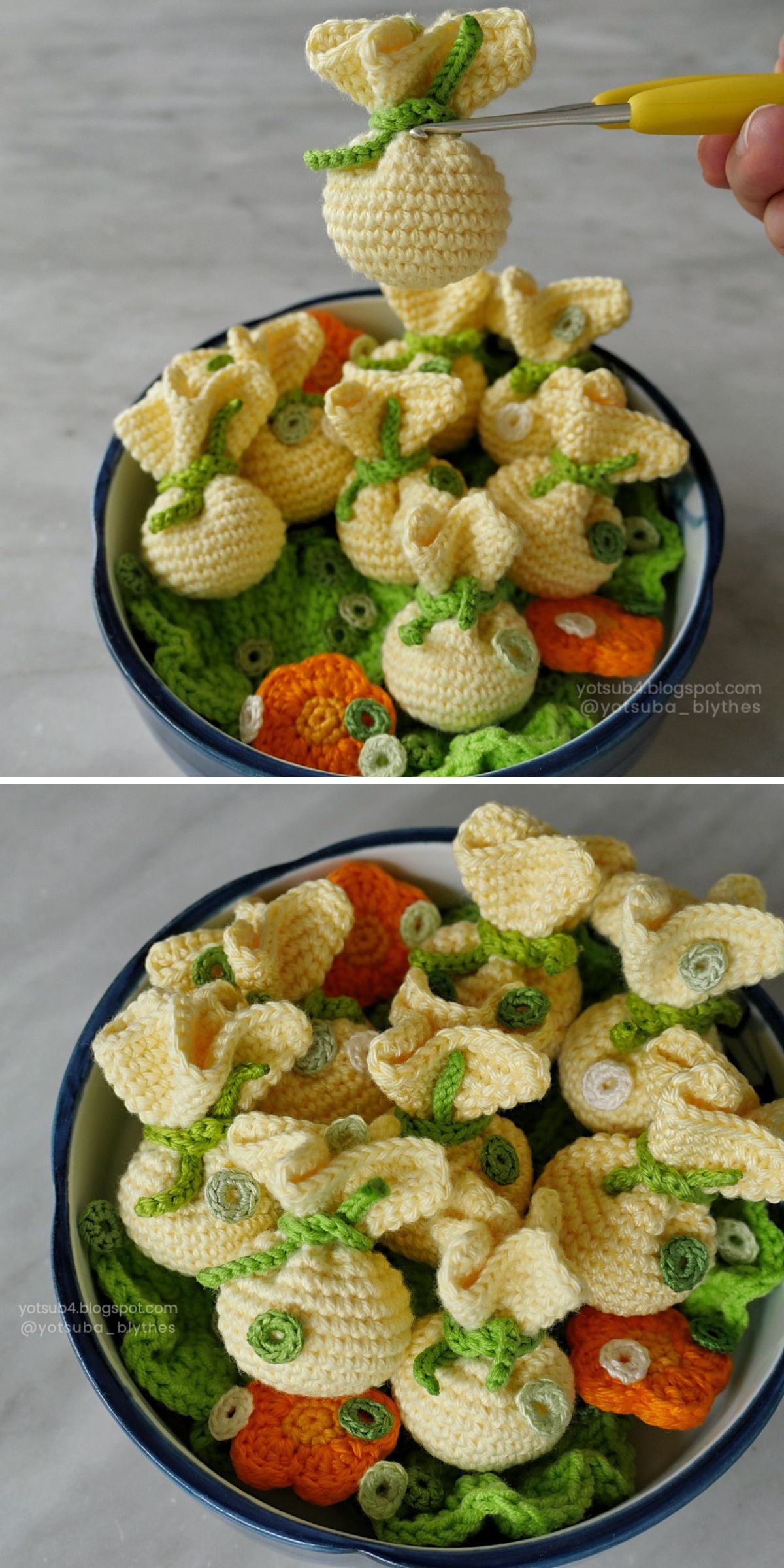A bowl filled with food amigurumi — crocheted wonton in yellow, green, and orange yarn — with one yellow piece being lifted by a crochet hook.