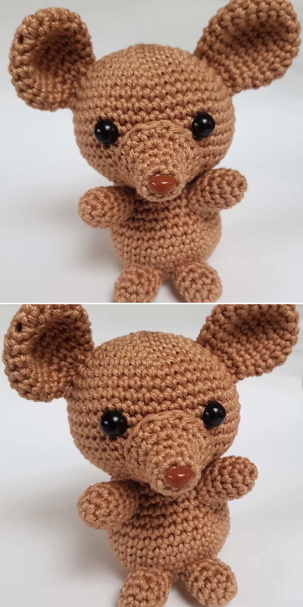 Two close-up views of a brown amigurumi mouse plush toy with large ears, black eyes, and a small brown nose, set against a plain white background.