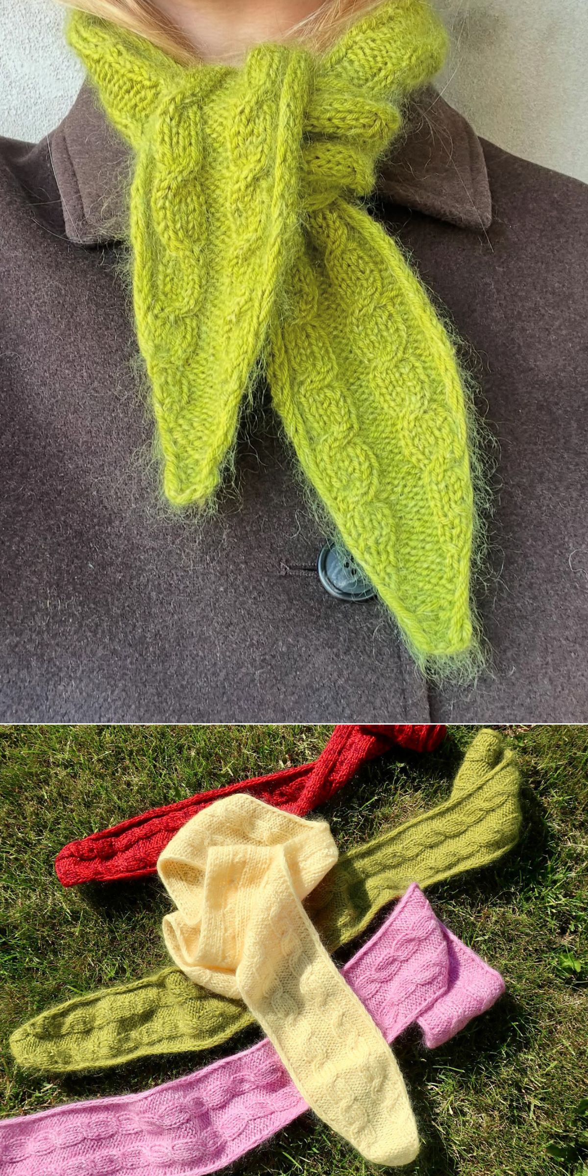 A person wears a knitted green scarf with a cable pattern, showcasing unique knitting scarf patterns. Below, four similar scarves in red, cream, green, and pink are displayed on the grass.