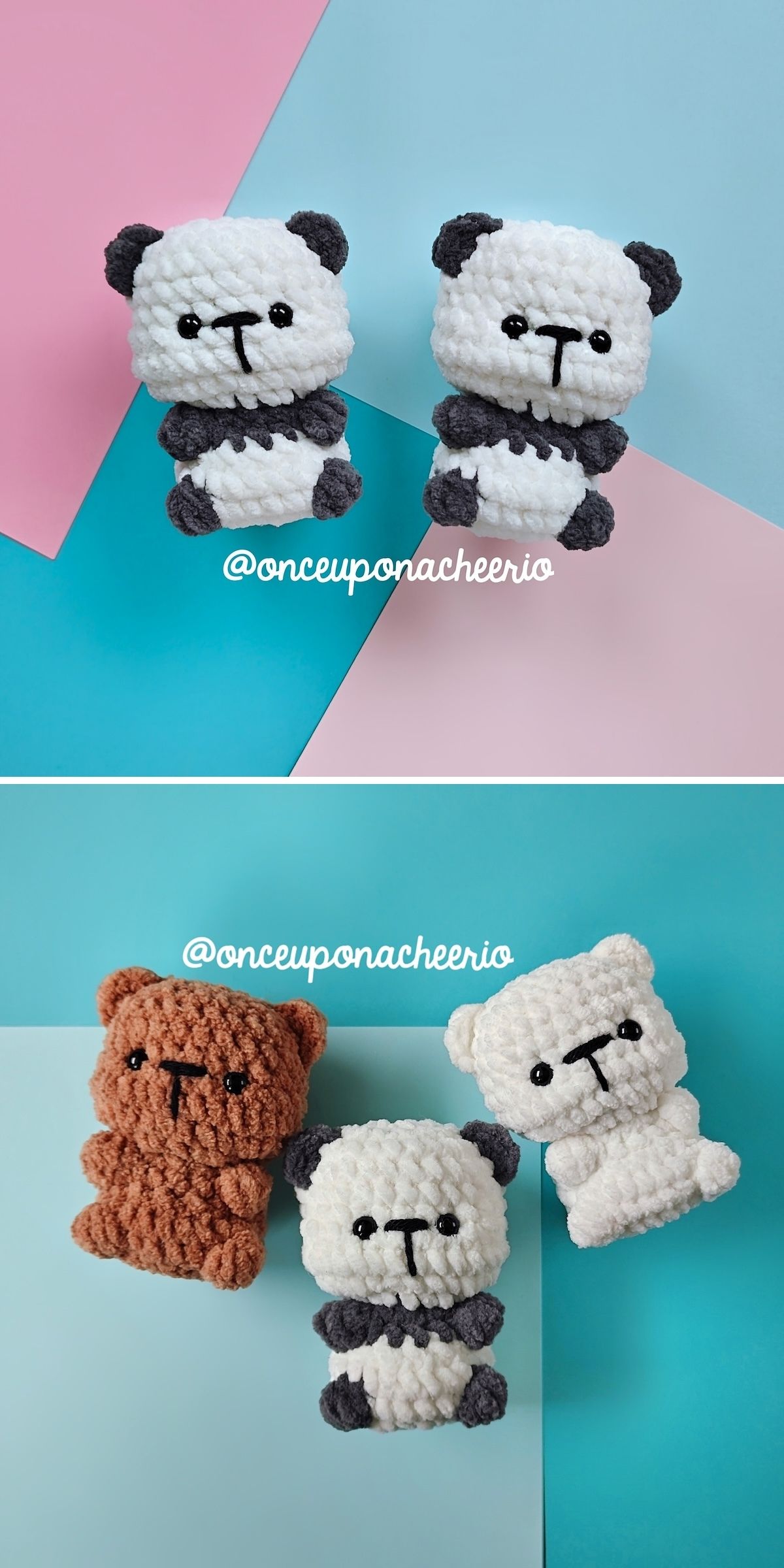 Four crocheted bear plush toys are displayed on pastel backgrounds in two photos; the top shows two Crochet Panda bears, while the bottom features a brown bear, a white bear, and another adorable Crochet Panda.