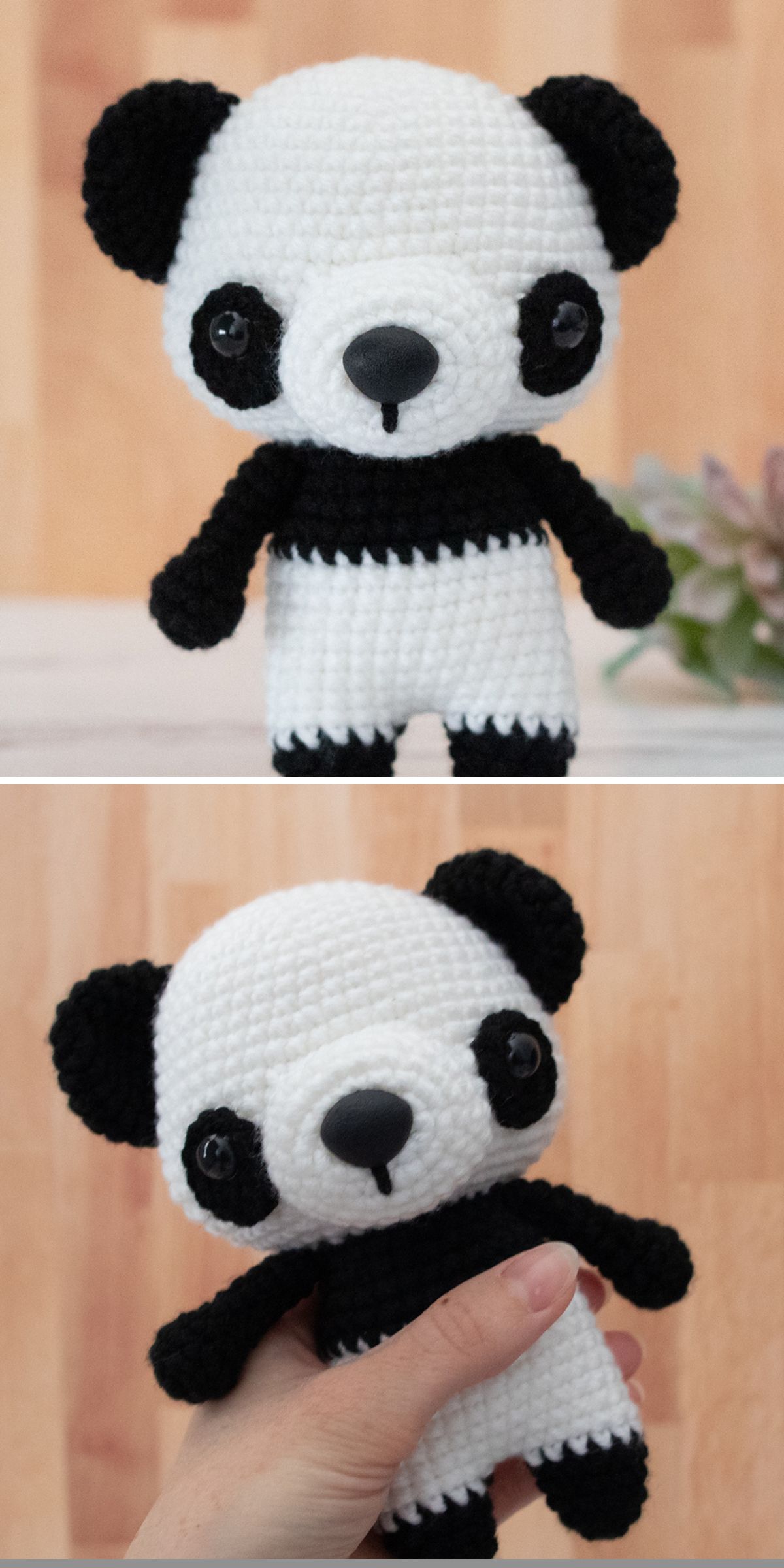 Two images show a Crochet Panda plush toy; in the first, it stands upright, while in the second, the adorable Crochet Panda is held in someone's hand against a blurred background.
