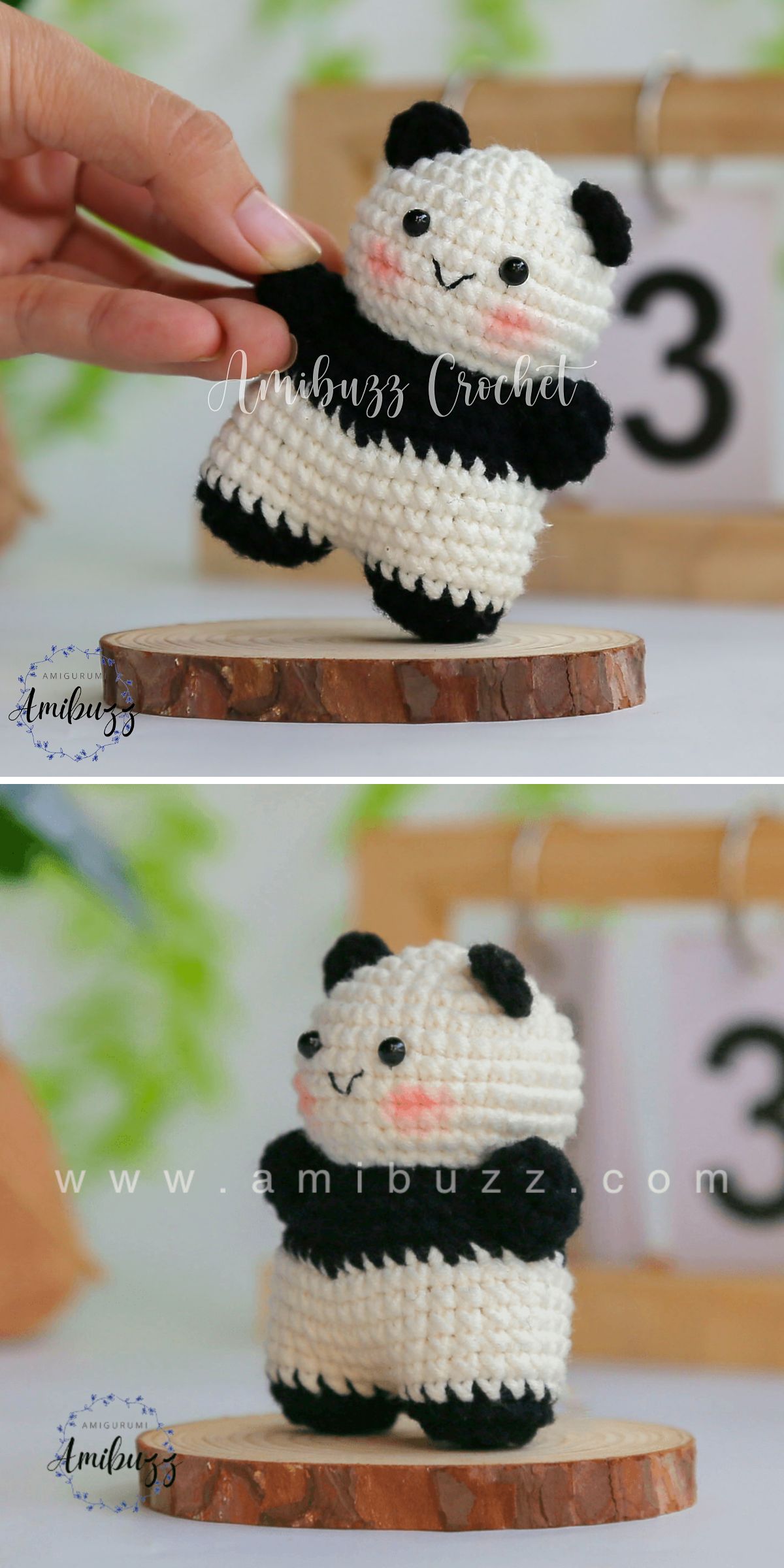 Two photos of a Crochet Panda doll with black ears and limbs, pink cheeks, and a slight smile, displayed on a wooden disc. A calendar with the number 3 appears in the background.