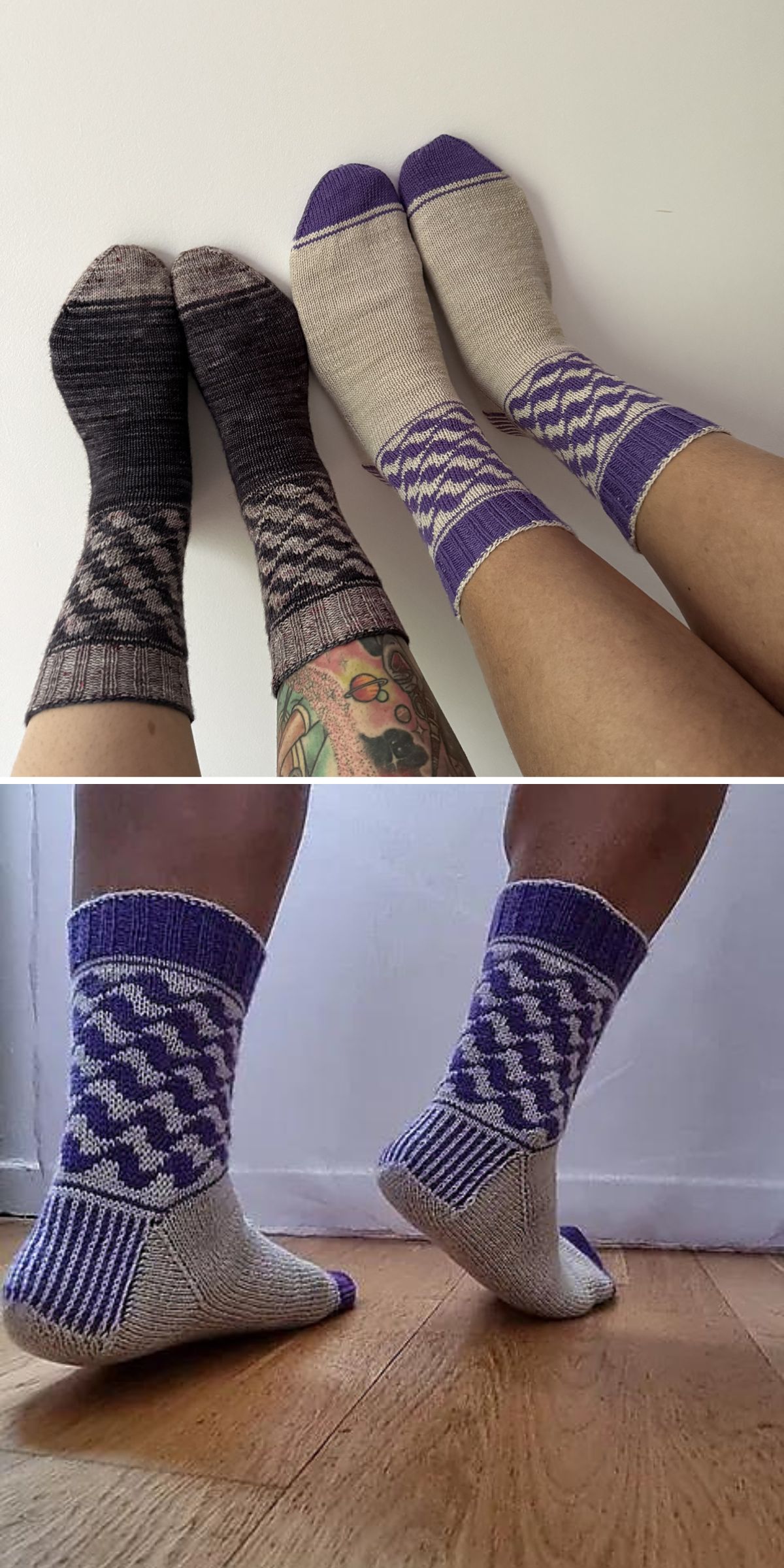 Two pairs of feet wearing knitted socks featuring stylish knitting patterns for socks in shades of grey, cream, and purple; the lower image shows the patterned socks from the side and back.