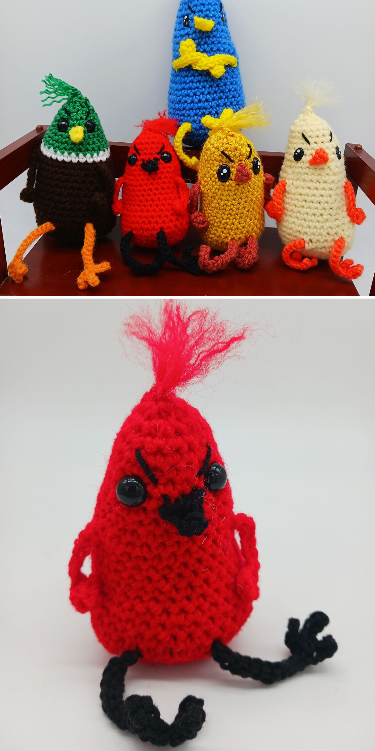 Four crochet bird dolls are displayed on a tray in the top image, while the bottom image shows a close-up of a red crochet bird with black accents and tufted yarn on its head.