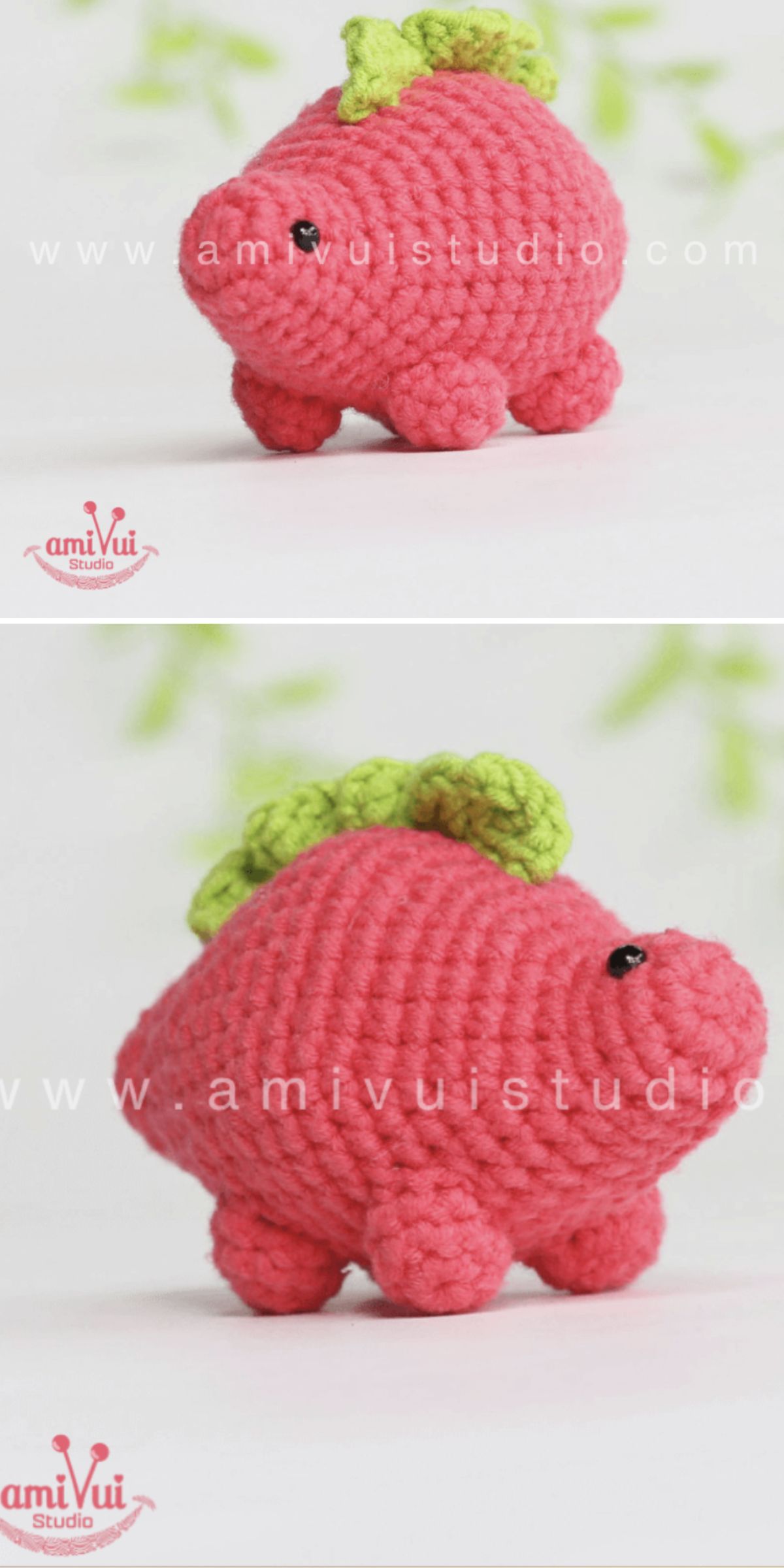 Two images show a crochet dinosaur plush in pink with green textured spikes along its back, crafted from thick yarn, set against a plain light background.